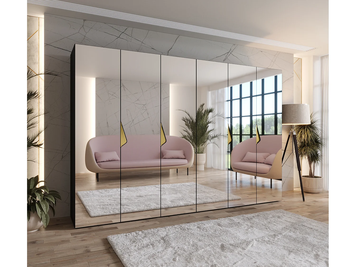 Armoire à portes battantes Sandi 3 300 (150x2) / 202 / 52 (Noir + poignées: Gold)