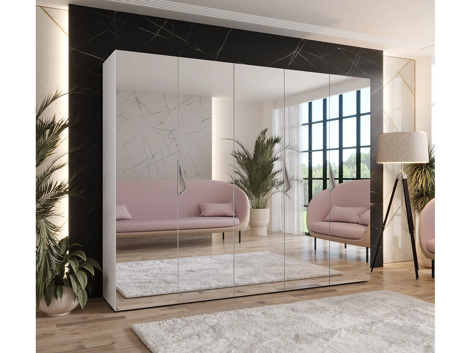 Armoire à portes battantes Sandi 3 250 / 202 / 52 (Blanc + poignées: Cachemire)