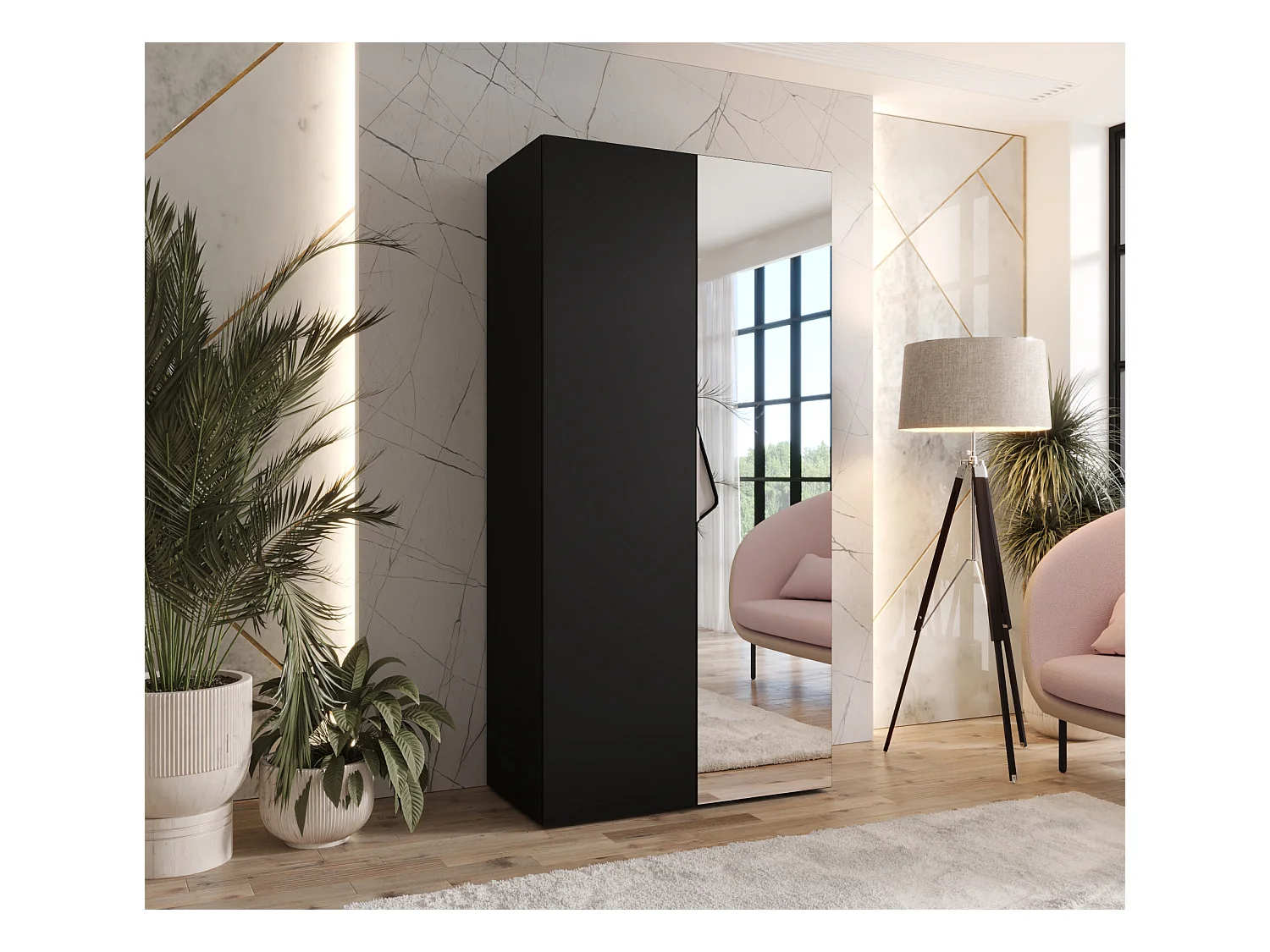 Armoire à portes battantes Sandi 2 100 / 202 / 52 (Noir + poignées: Cachemire)