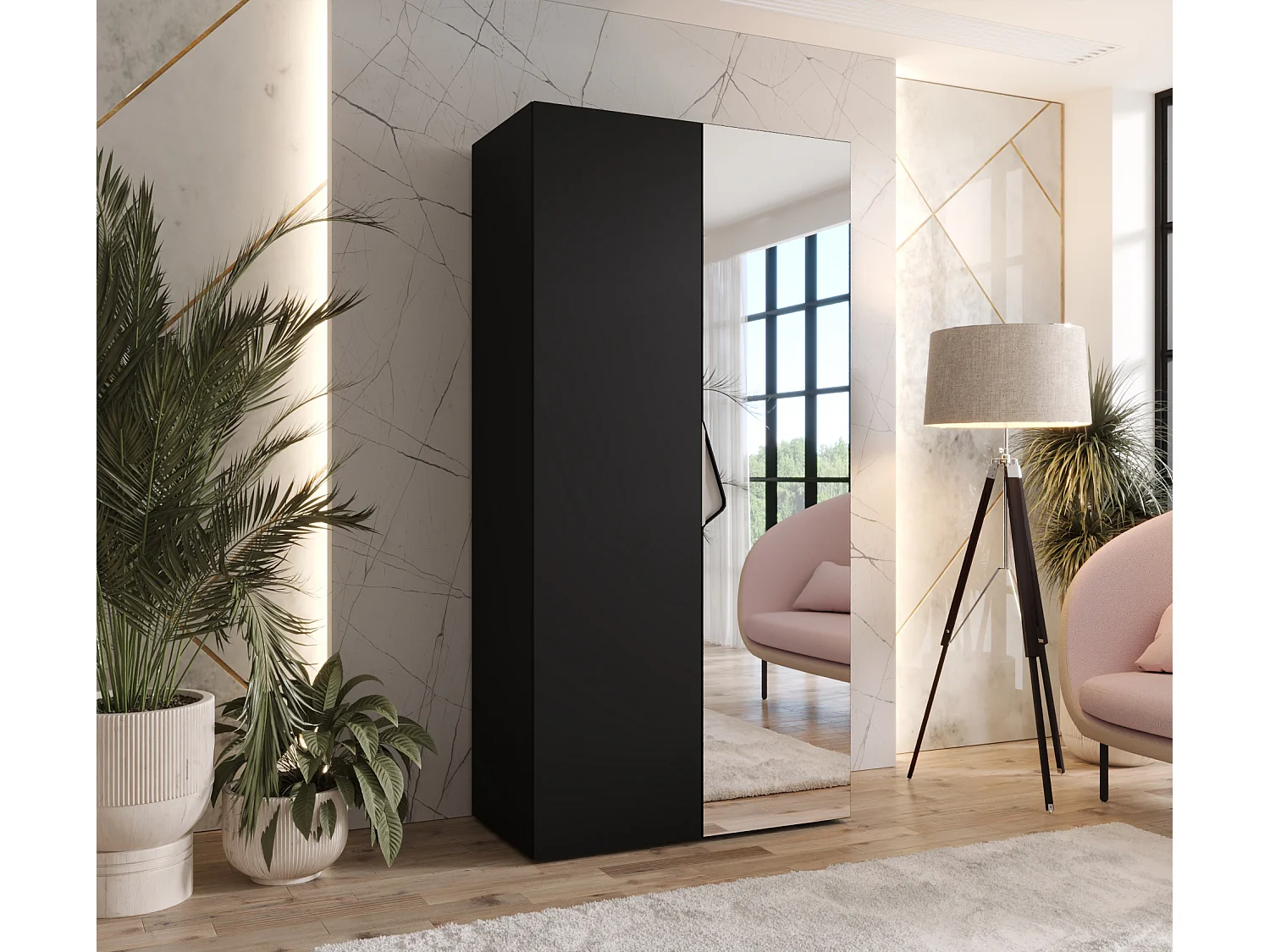 Drehtürenschrank Sandi 2 100 / 202 / 52 (Schwarz + Griffe: Kaschmir)