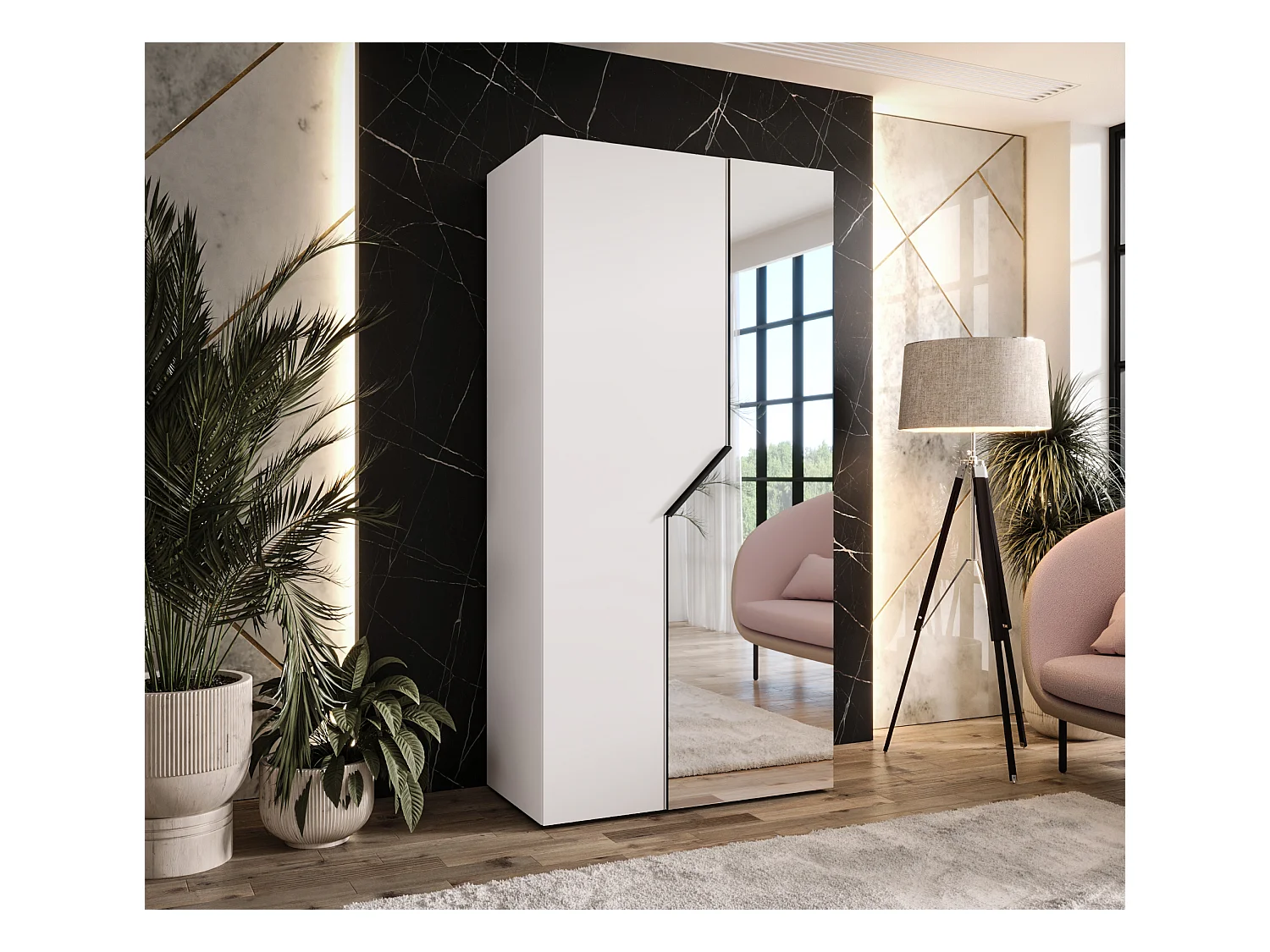 Drehtürenschrank Andrew 2 100 / 202 / 52 (Weiß + Griffe: Schwarz)