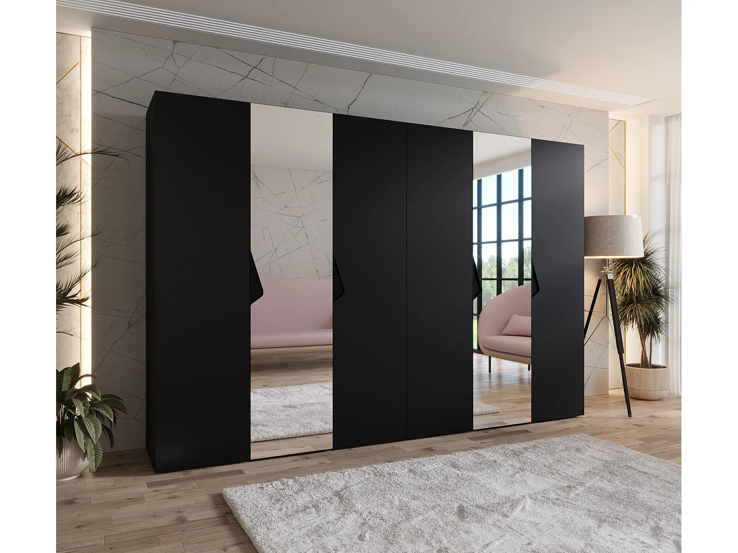 Armoire à portes battantes Sandi 2 300 (150x2) / 202 / 52 (Noir + poignées: Noir)