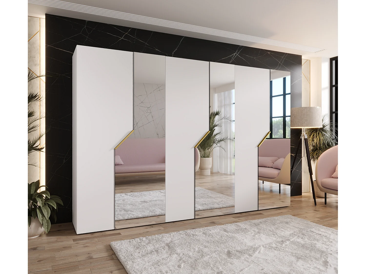 Armoire à portes battantes Andrew 2 300 / 202 / 52 (Blanc + poignées: Gold)