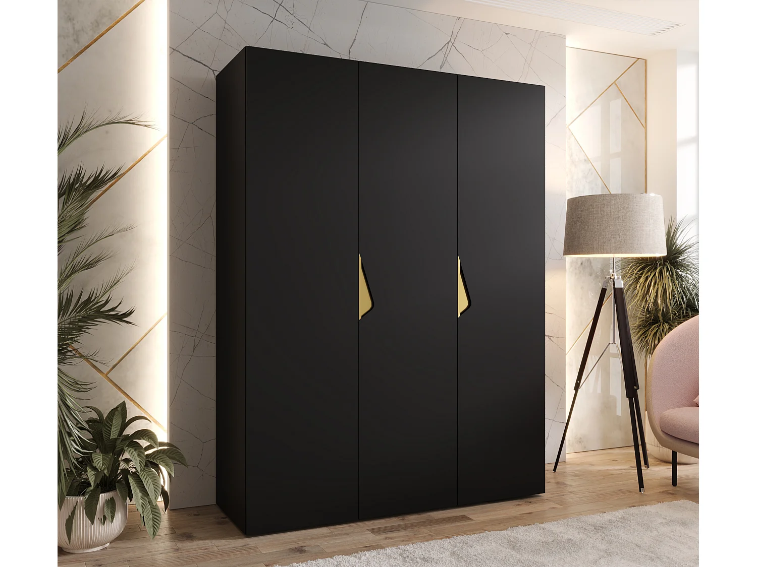 Armoire à portes battantes Sandi 1 150 / 202 / 52 (Noir + poignées: Gold)