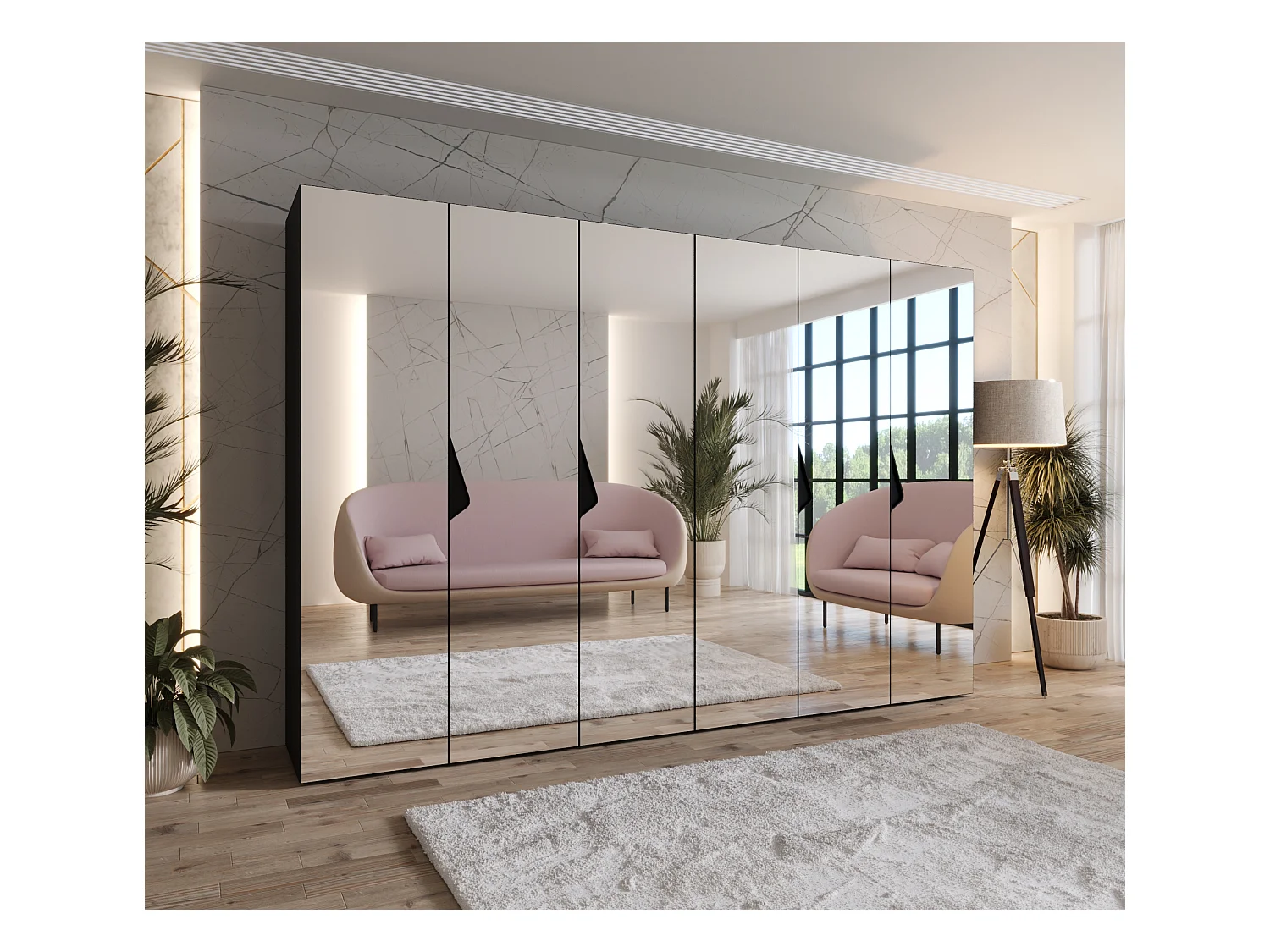 Drehtürenschrank Sandi 3 300 (150x2) / 202 / 52 (Schwarz + Griffe: Schwarz)