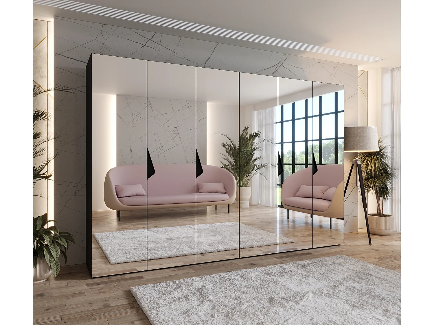 Armoire à portes battantes Sandi 3 300 (150x2) / 202 / 52 (Noir + poignées: Noir)