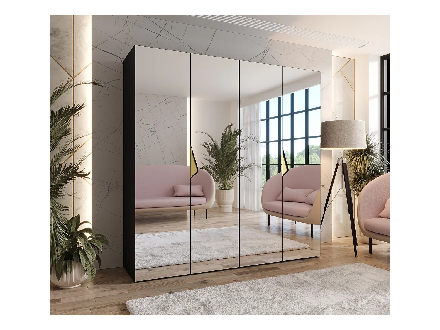 Armoire à portes battantes Sandi 3 200 / 202 / 52 (Noir + poignées: Gold)