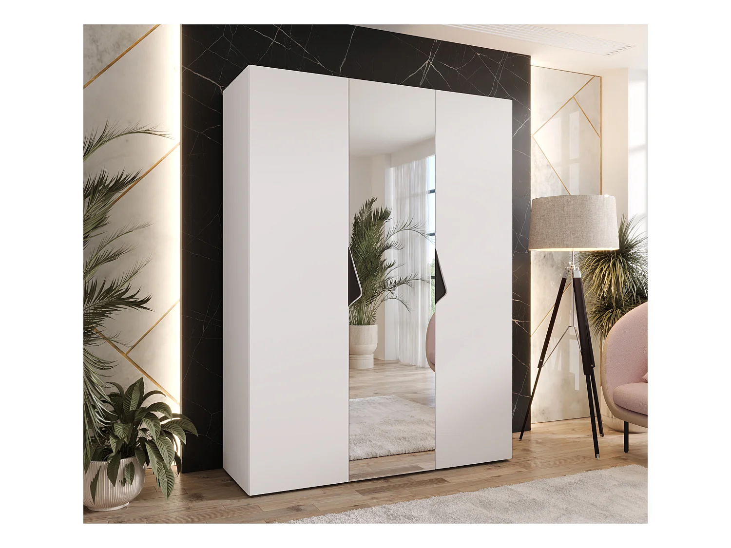 Armario con puertas batientes Sandi 2 150 / 202 / 52 (Blanco + Asas: Negro)