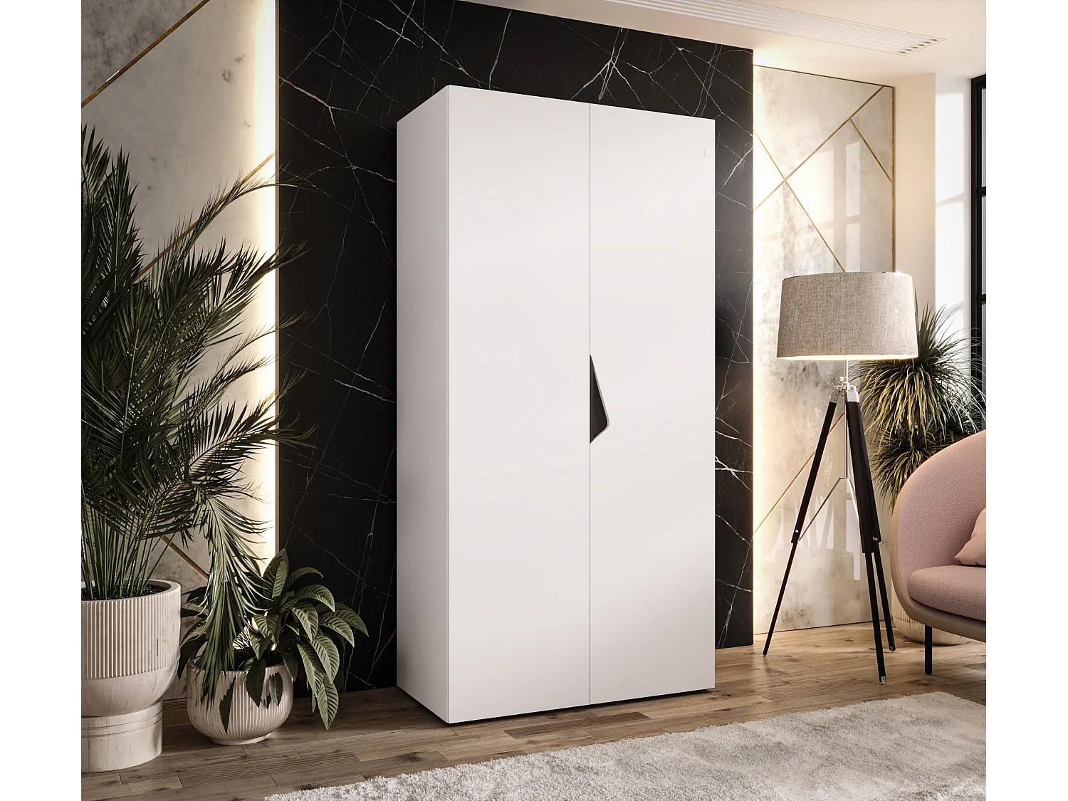 Armoire à portes battantes Sandi 1 100 / 202 / 52 (Blanc + poignées: Noir)