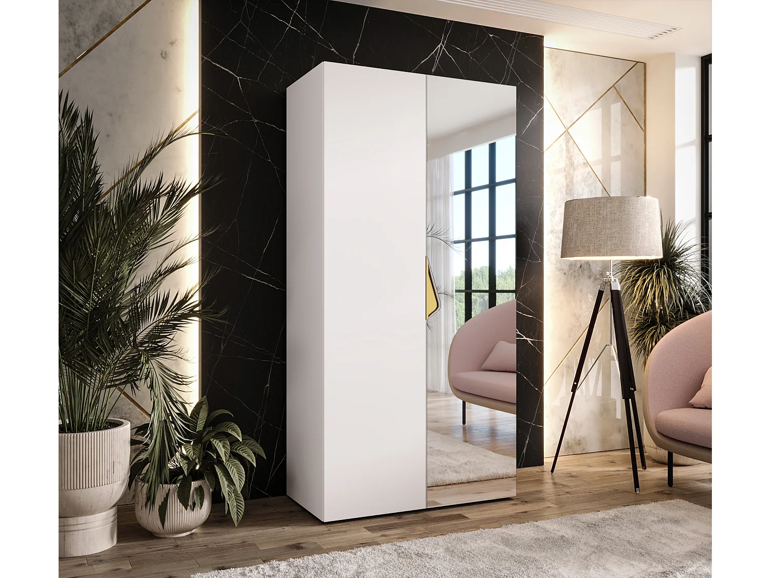 Armoire à portes battantes Sandi 2 100 / 202 / 52 (Blanc + poignées: Gold)