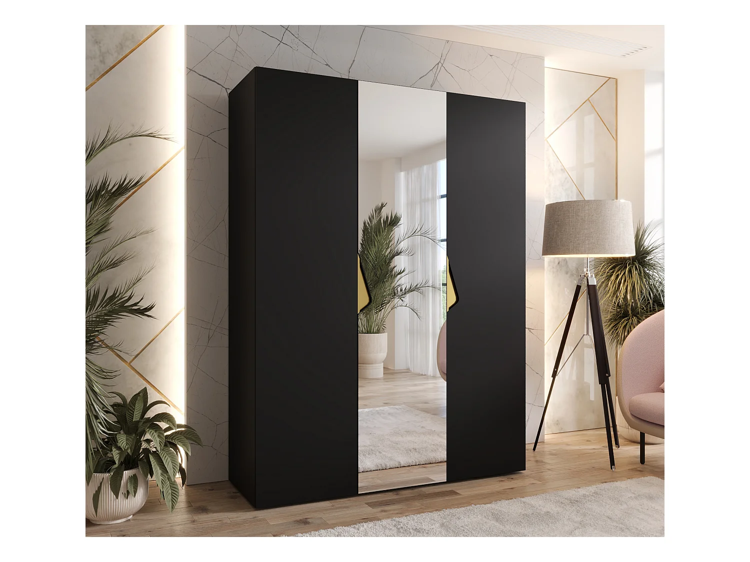 Drehtürenschrank Sandi 2 150 / 202 / 52 (Schwarz + Griffe: Gold)