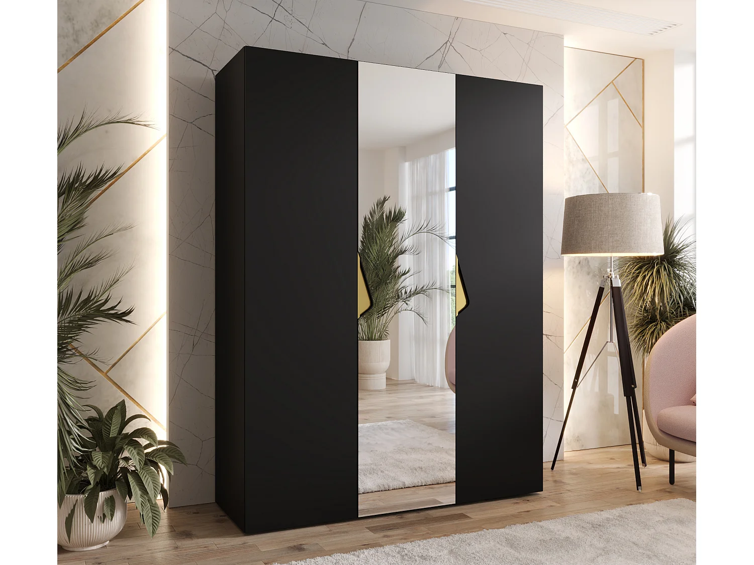 Armoire à portes battantes Sandi 2 150 / 202 / 52 (Noir + poignées: Gold)