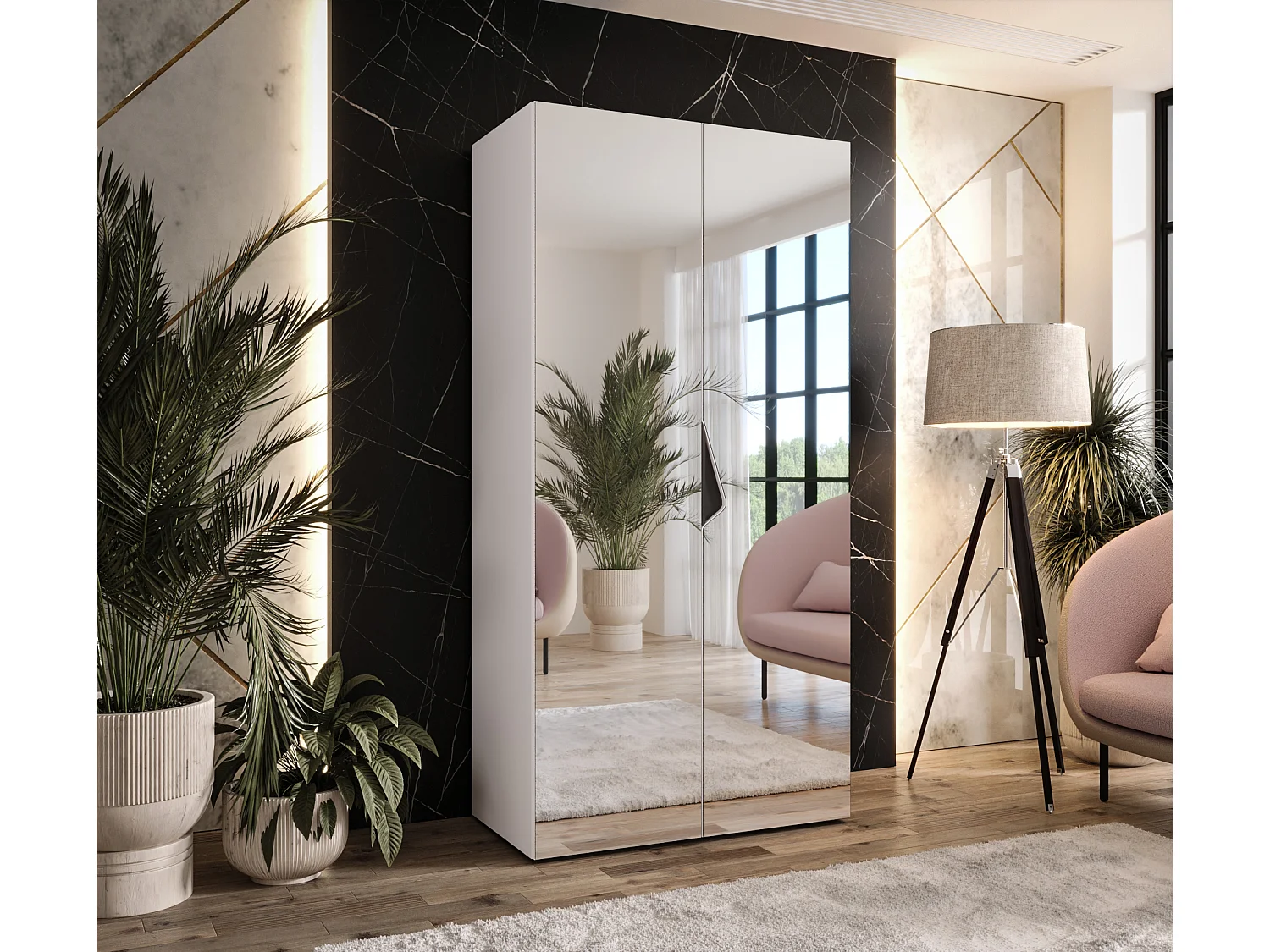 Armoire à portes battantes Sandi 3 100 / 202 / 52 (Blanc + poignées: Noir)