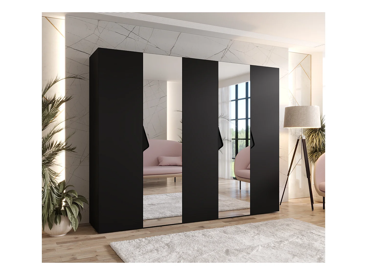 Armadio con ante a battente Sandi 2 250 / 202 / 52 (Nero + Maniglie: Nero)