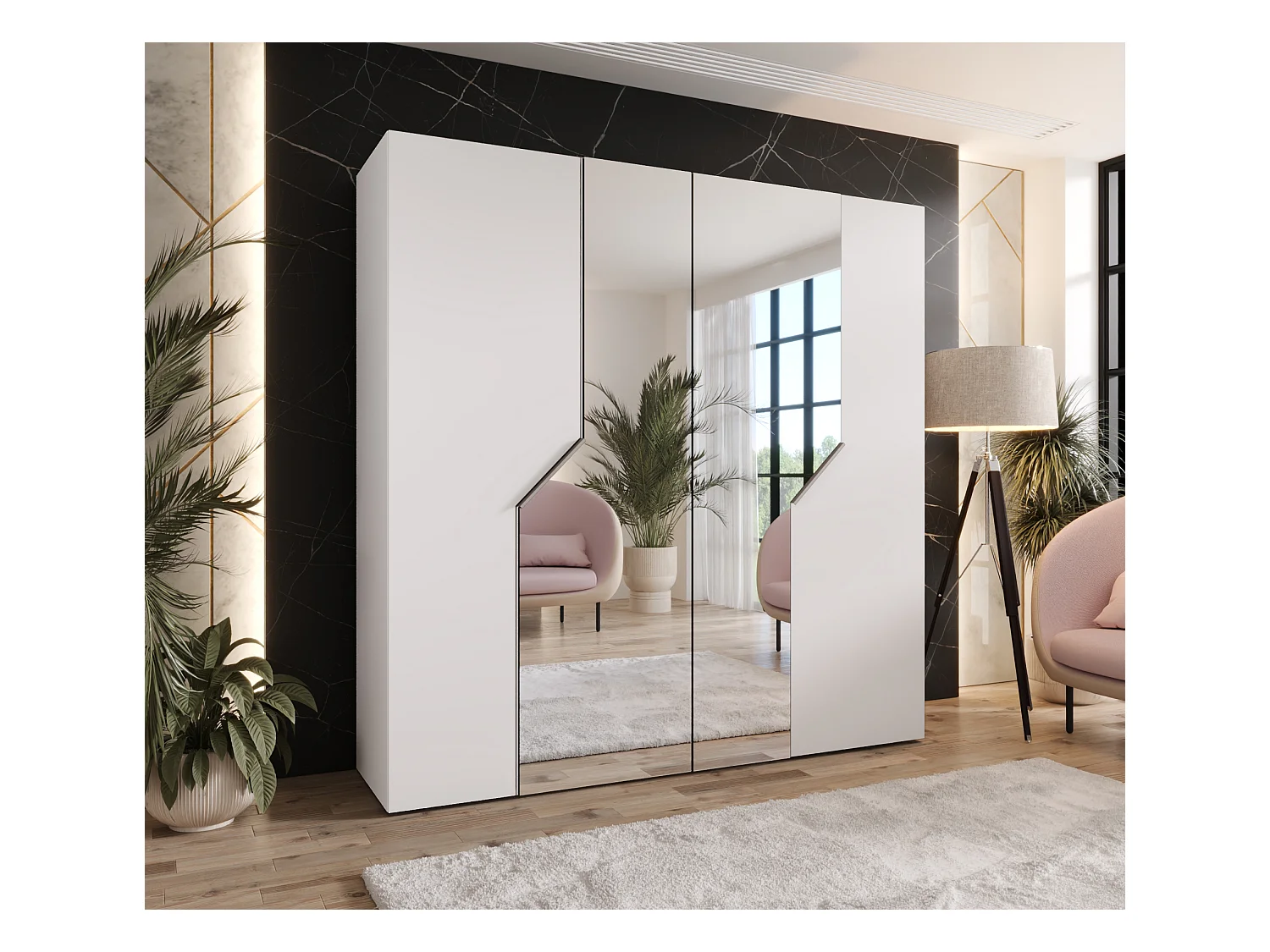 Armoire à portes battantes Andrew 2 200 / 202 / 52 (Blanc + poignées: Cachemire)