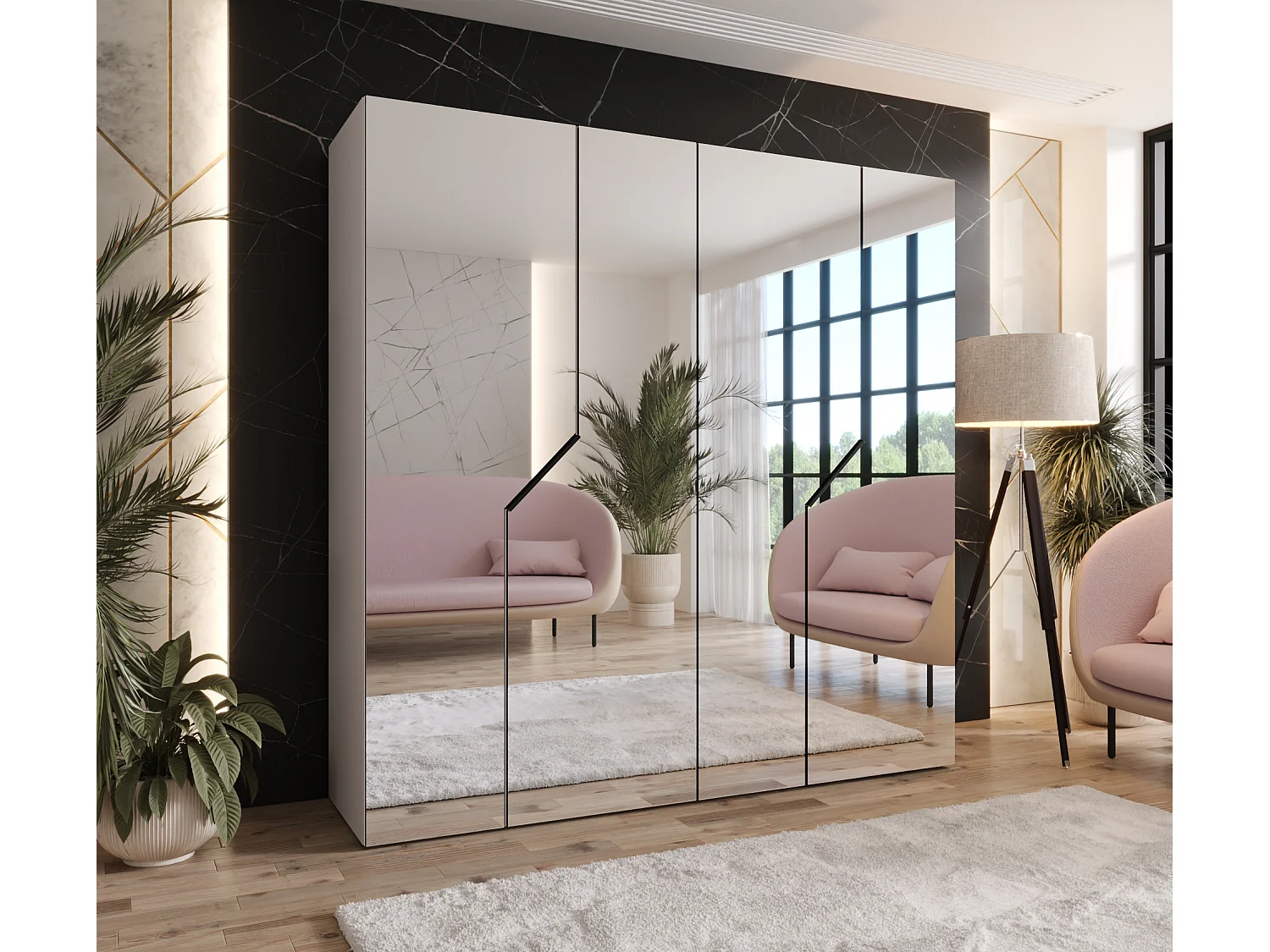 Armoire à portes battantes Andrew 3 200 / 202 / 52 (Cachemire + poignées: Noir)