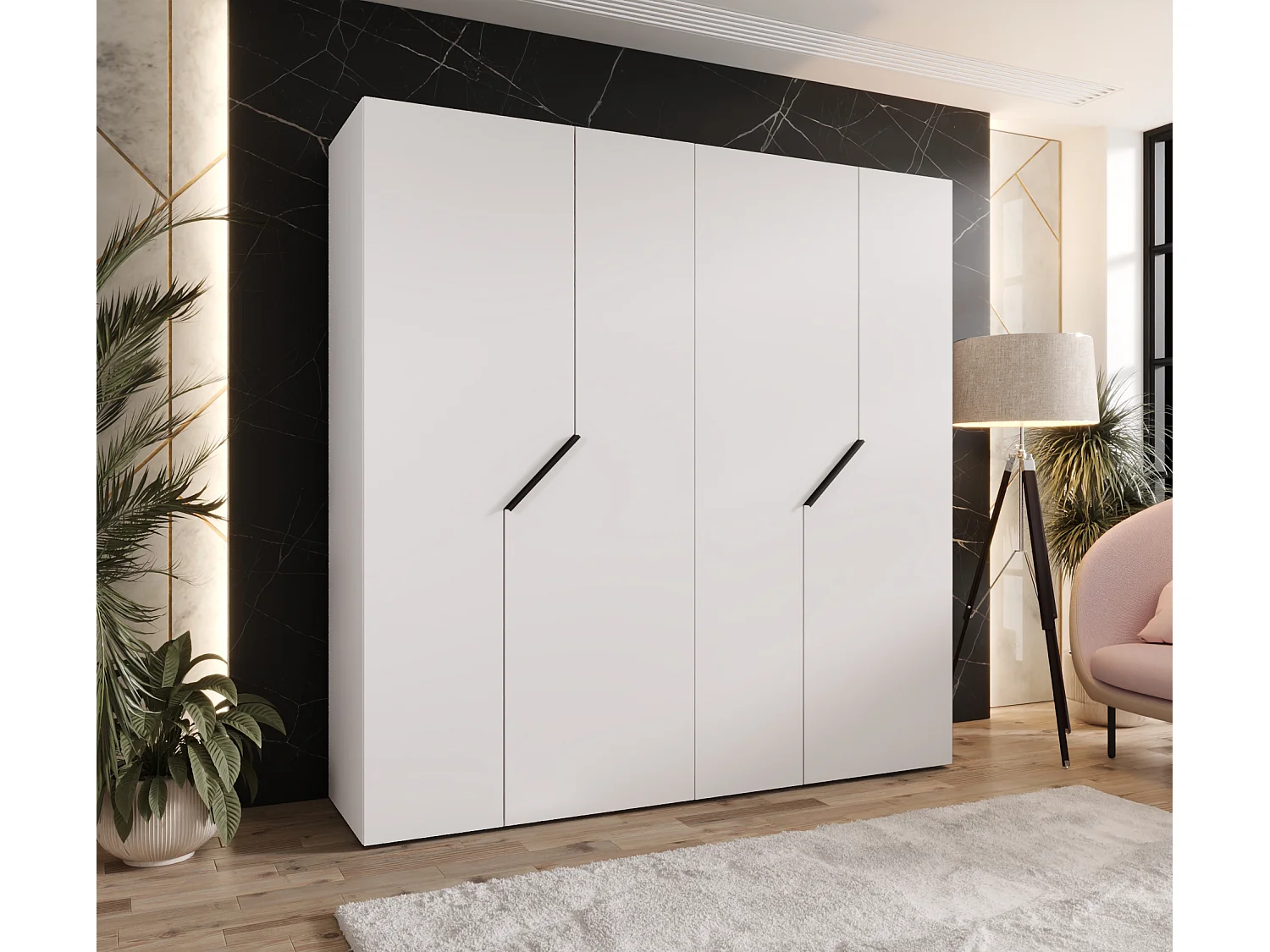 Armoire à portes battantes Andrew 1 200 / 202 / 52 (Blanc + poignées: Noir)