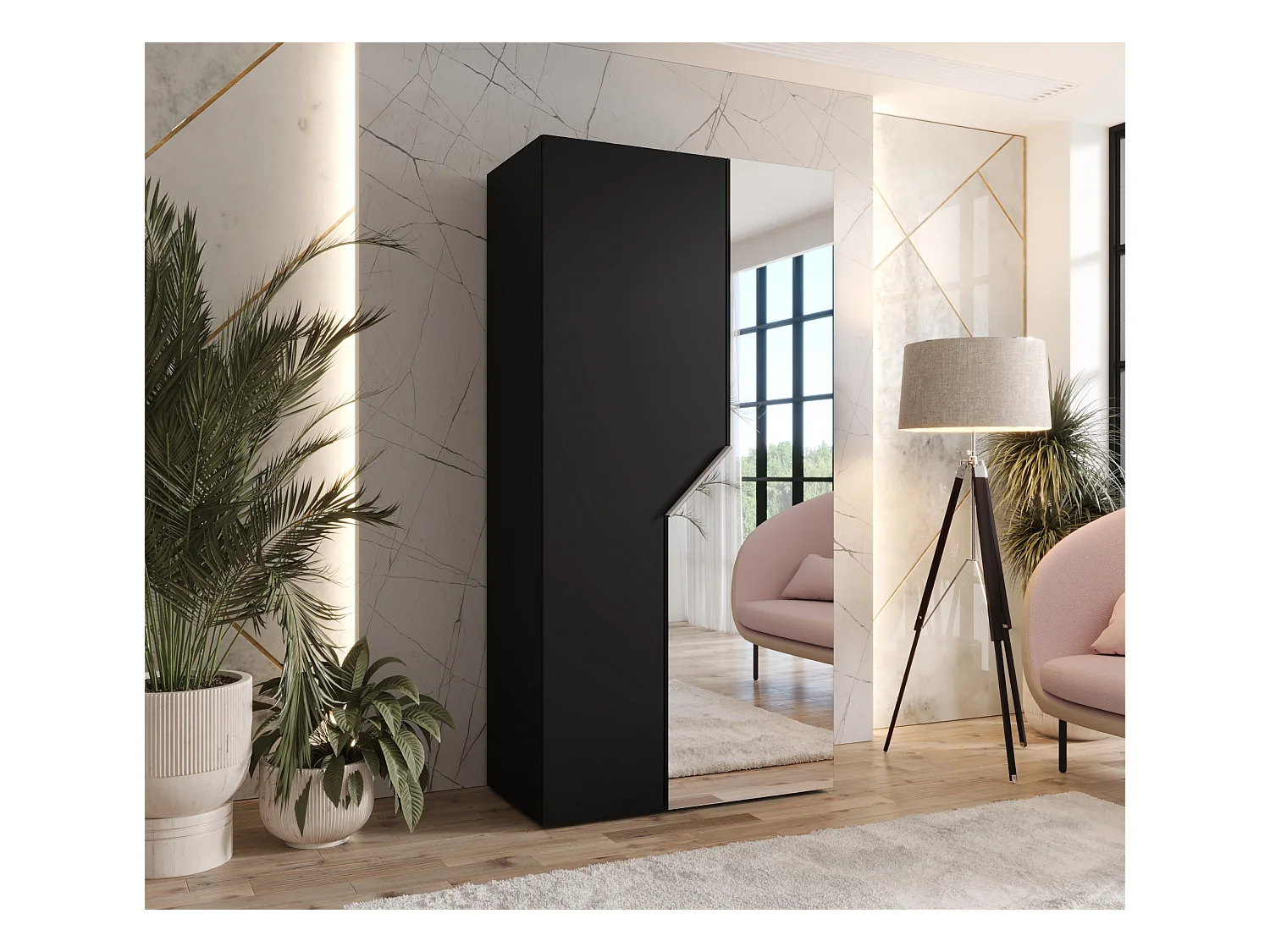 Armoire à portes battantes Andrew 2 100 / 202 / 52 (Noir + poignées: Cachemire)