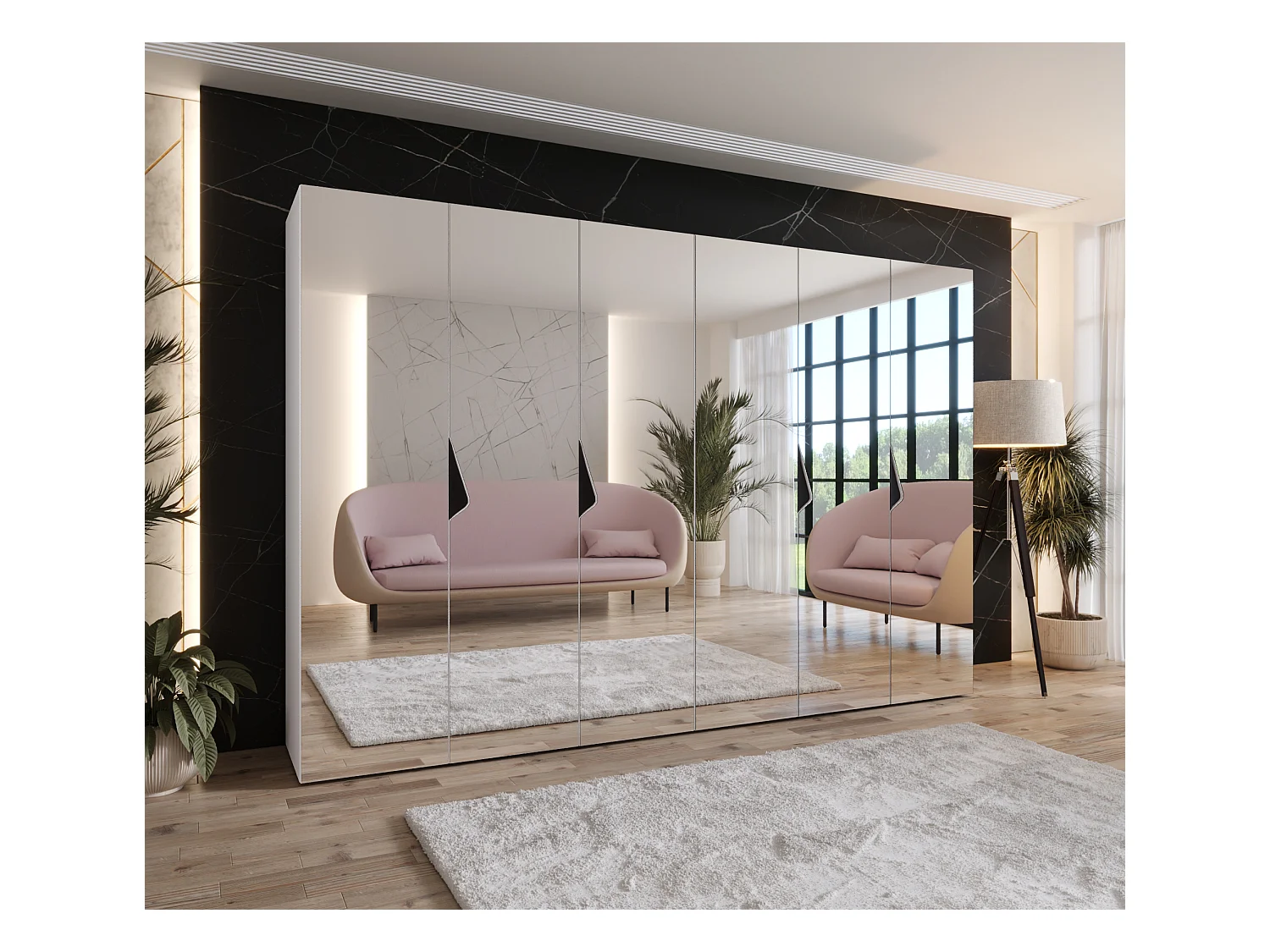 Armoire à portes battantes Sandi 3 300 (150x2) / 202 / 52 (Blanc + poignées: Noir)