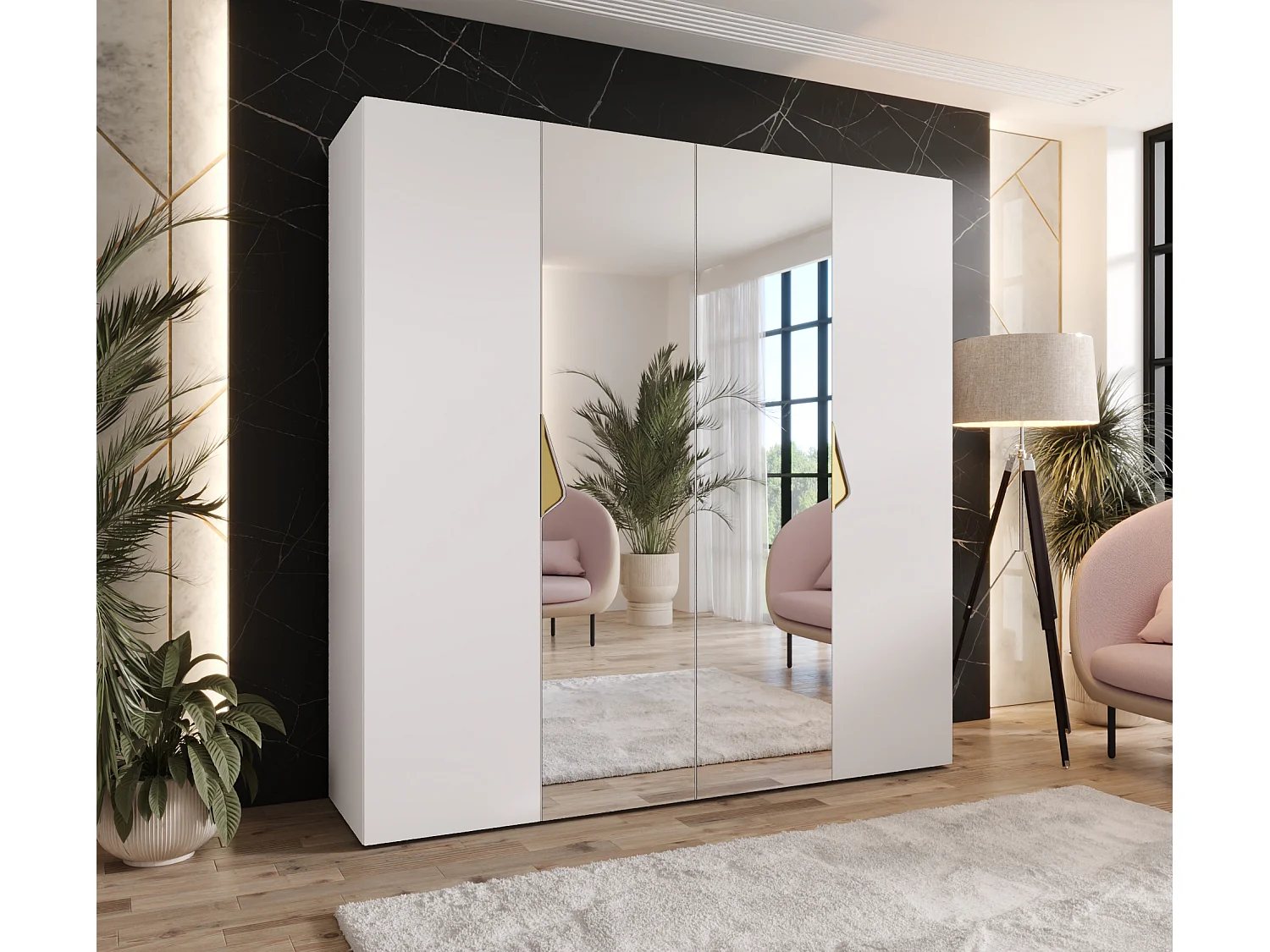 Armoire à portes battantes Sandi 2 200 / 202 / 52 (Blanc + poignées: Gold)