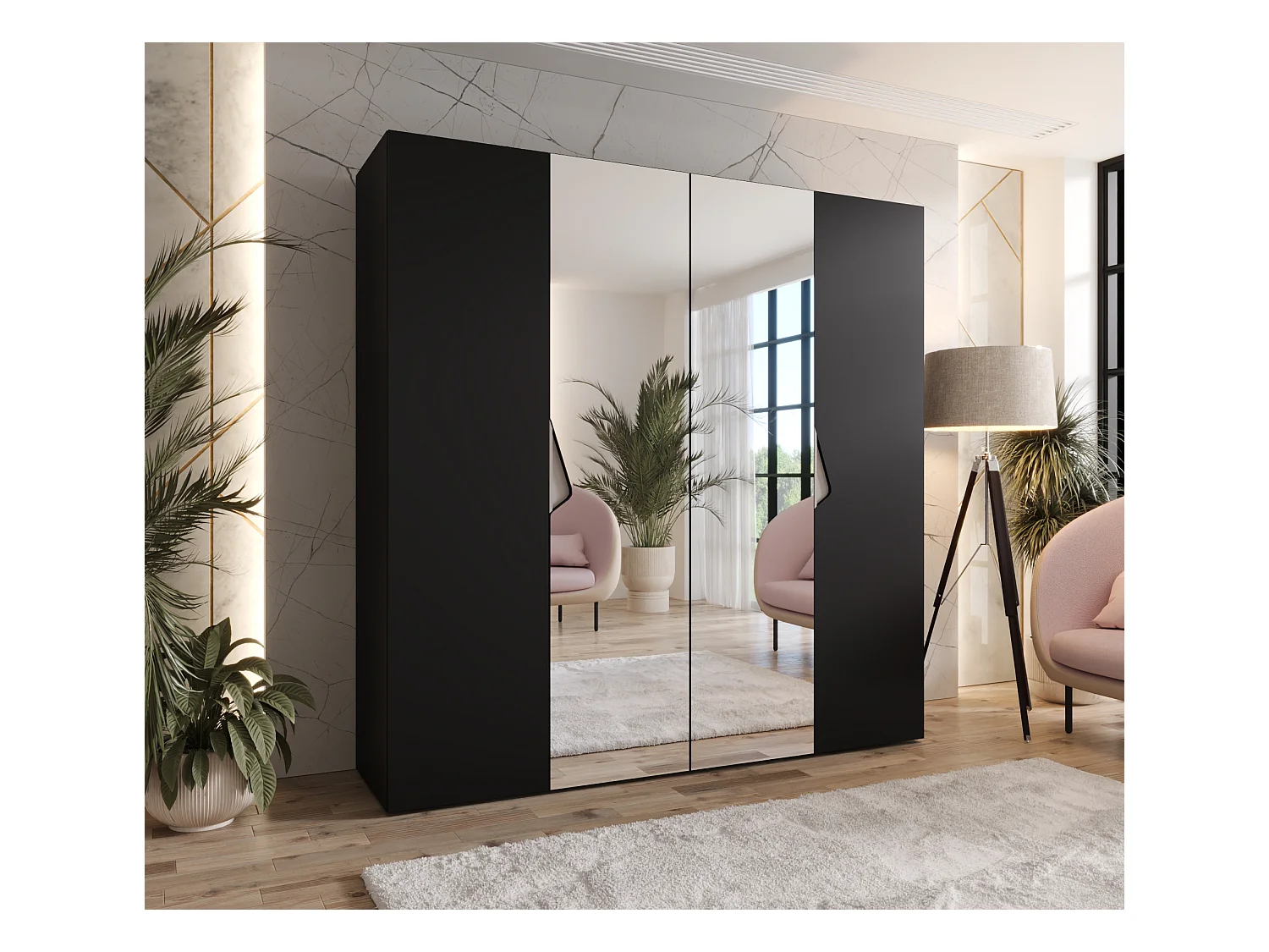 Armoire à portes battantes Sandi 2 200 / 202 / 52 (Noir + poignées: Cachemire)