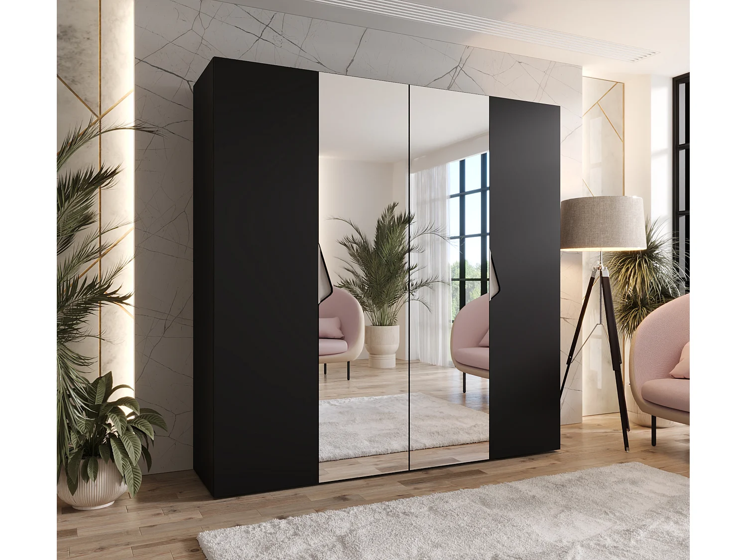 Armoire à portes battantes Sandi 2 200 / 202 / 52 (Noir + poignées: Cachemire)