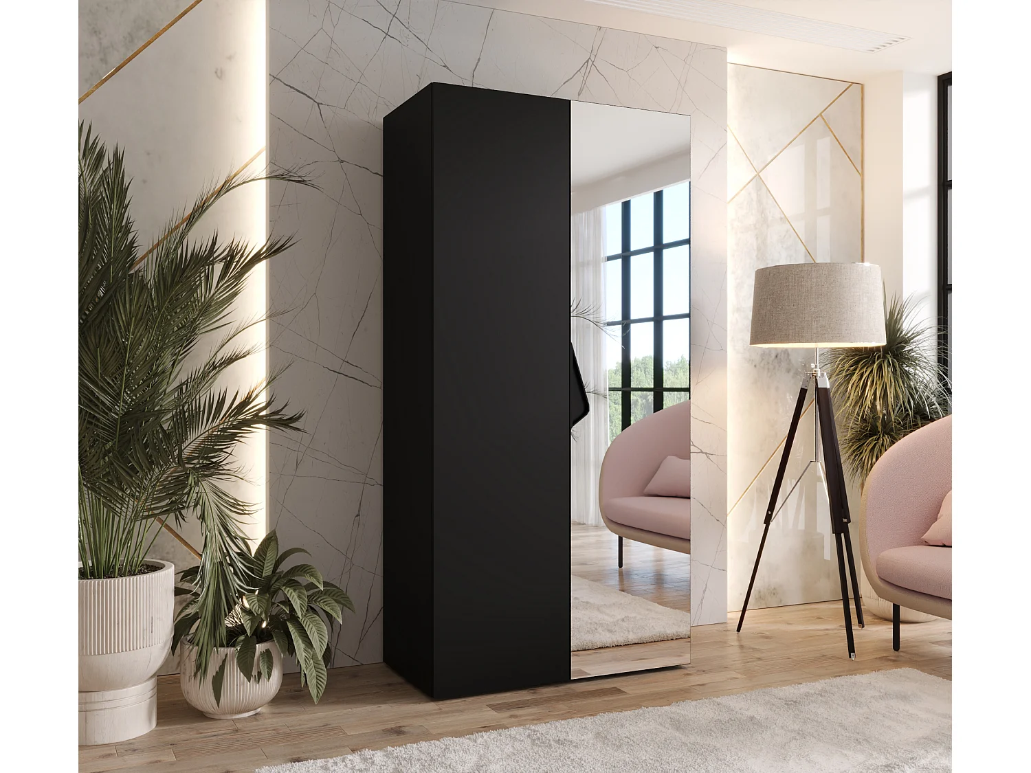 Armoire à portes battantes Sandi 2 100 / 202 / 52 (Noir + poignées: Noir)