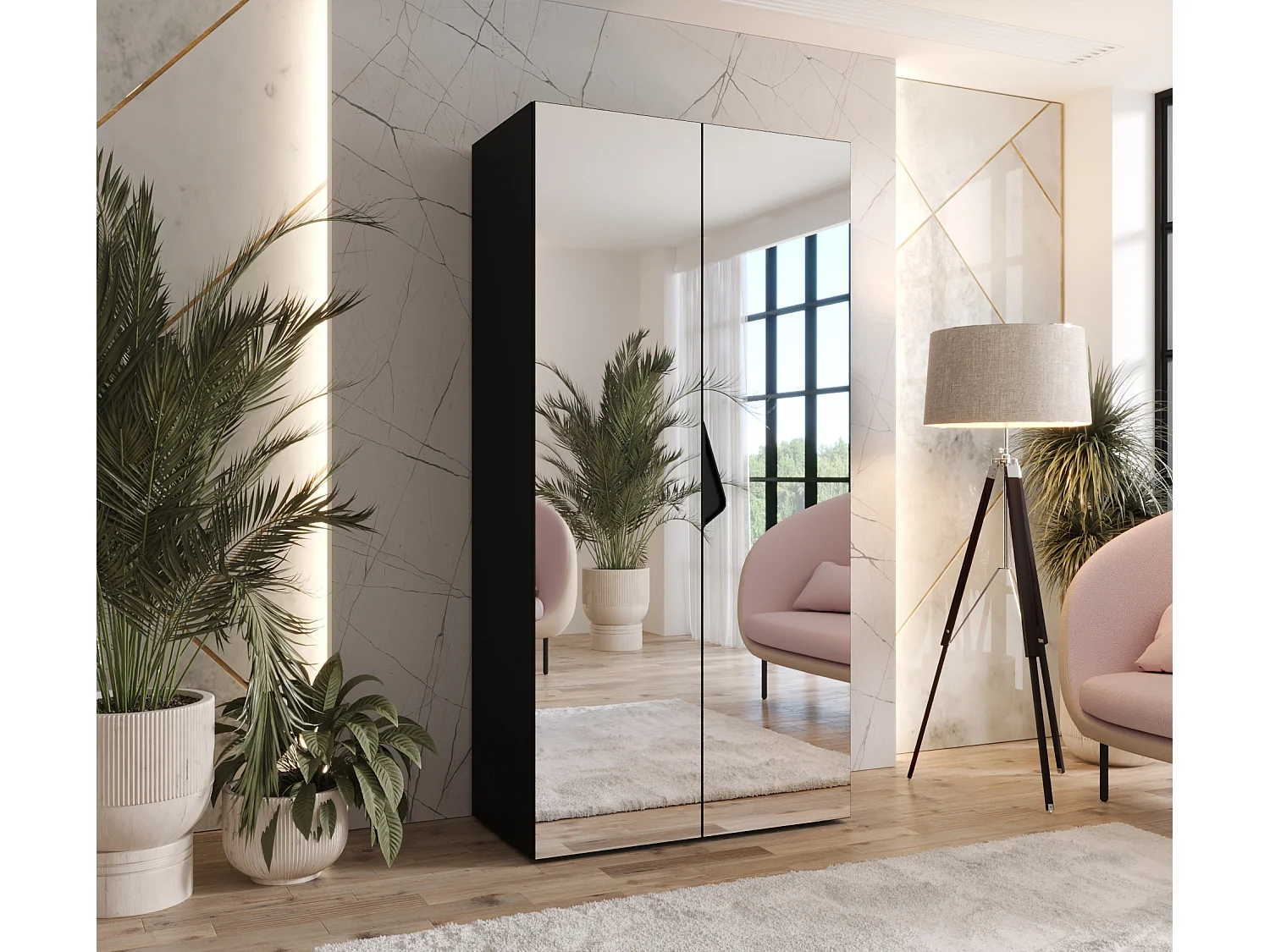 Armoire à portes battantes Sandi 3 100 / 202 / 52 (Noir + poignées: Noir)