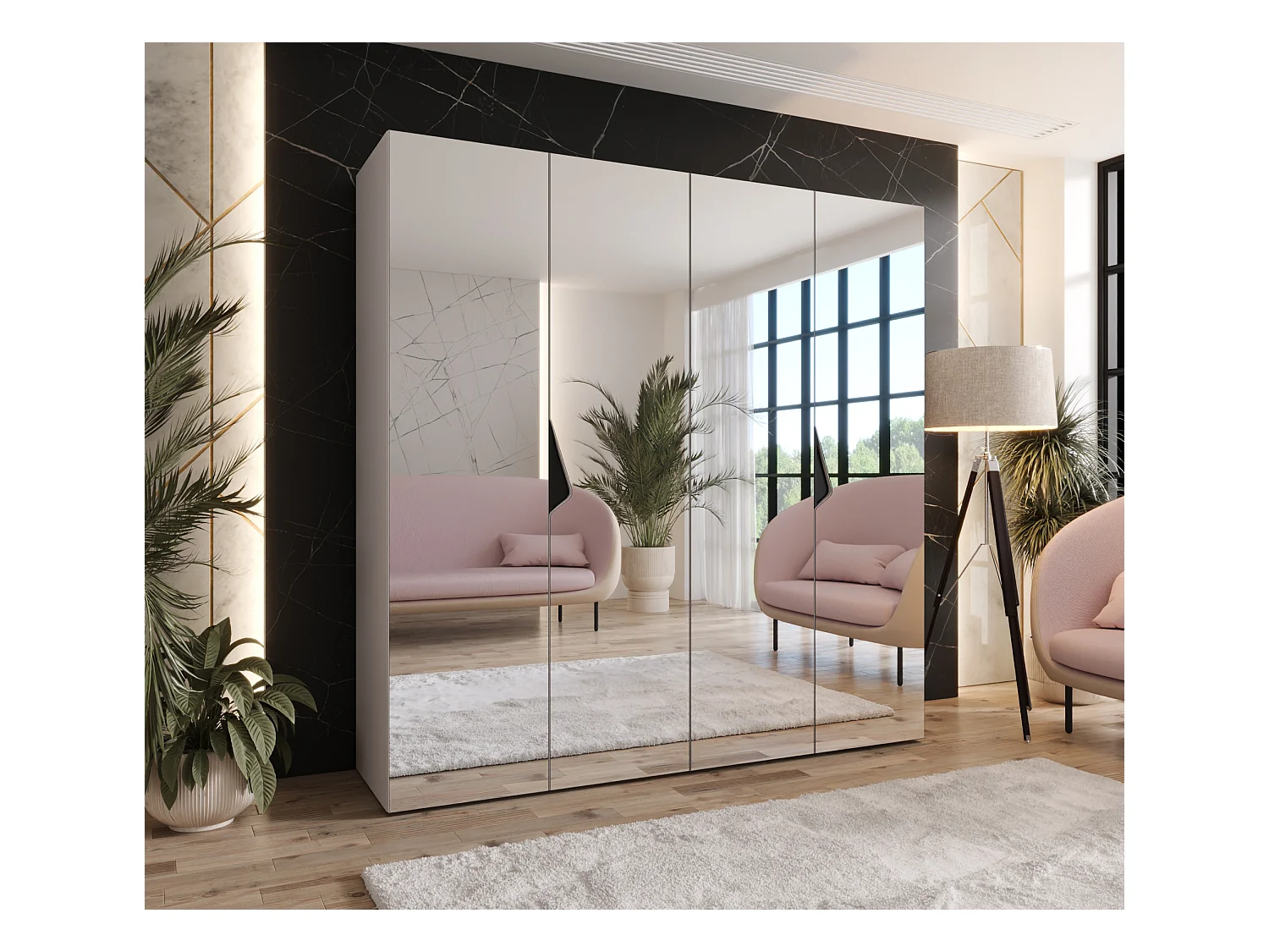 Drehtürenschrank Sandi 3 200 / 202 / 52 (Kaschmir + Griffe: Schwarz)