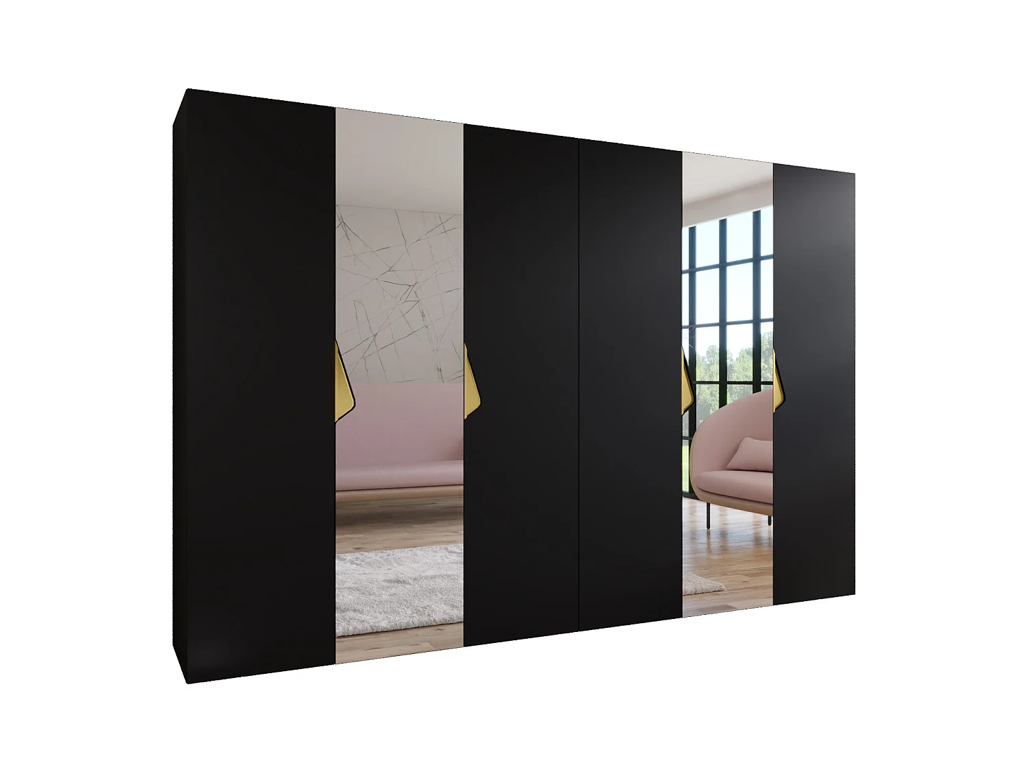 Drehtürenschrank Sandi 2 300 (150x2) / 202 / 52 (Schwarz + Griffe: Gold)