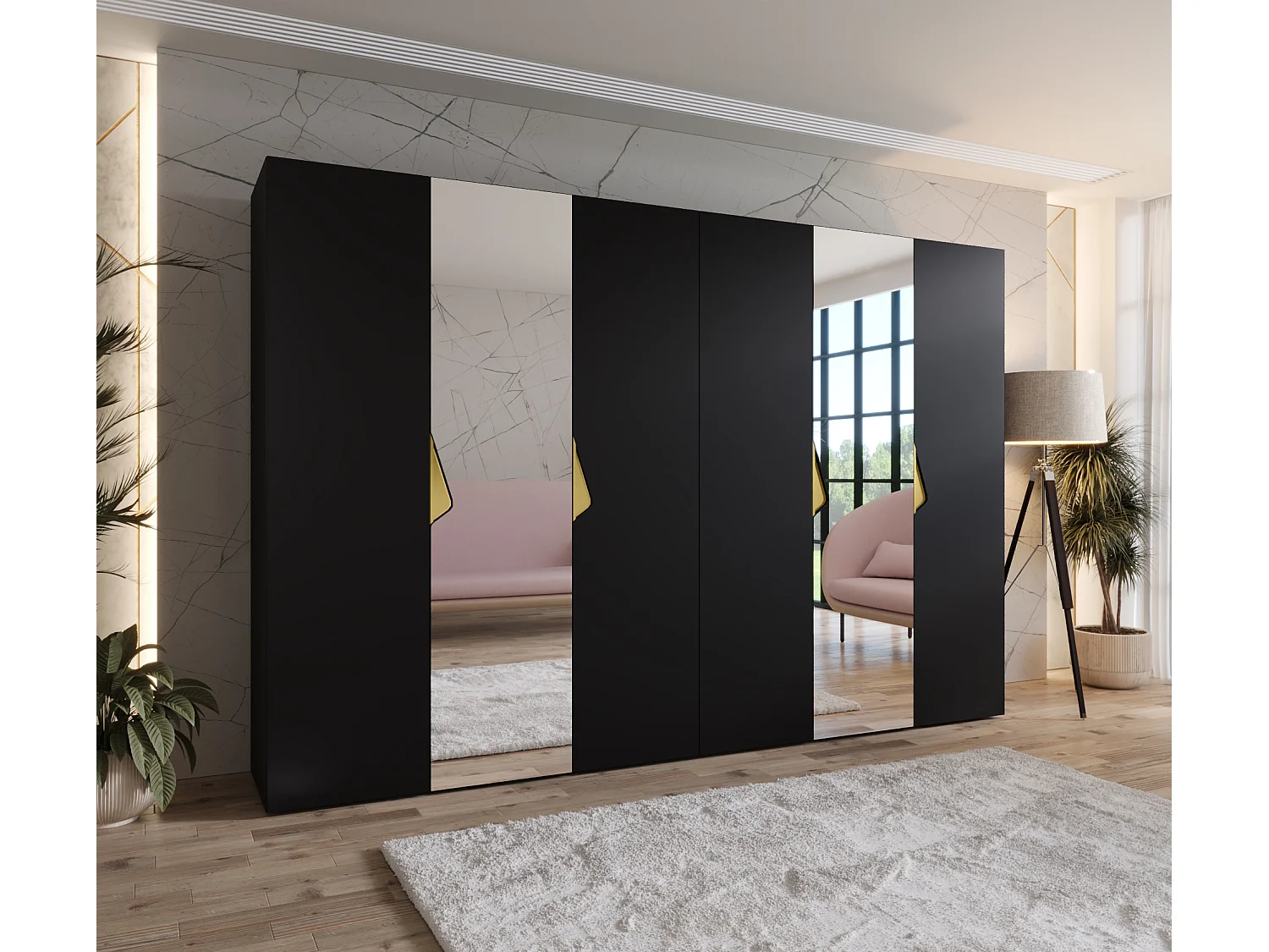 Armoire à portes battantes Sandi 2 300 (150x2) / 202 / 52 (Noir + poignées: Gold)