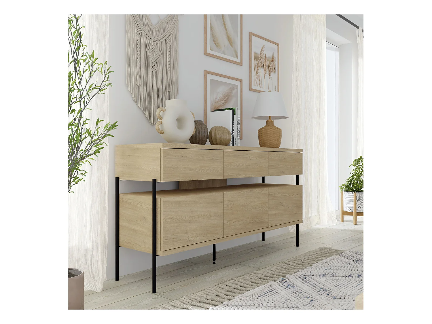 Dragonfly Dressoir 3D3S – Eik Cremona, moderne commode met metalen poten en push-to-open-systeem