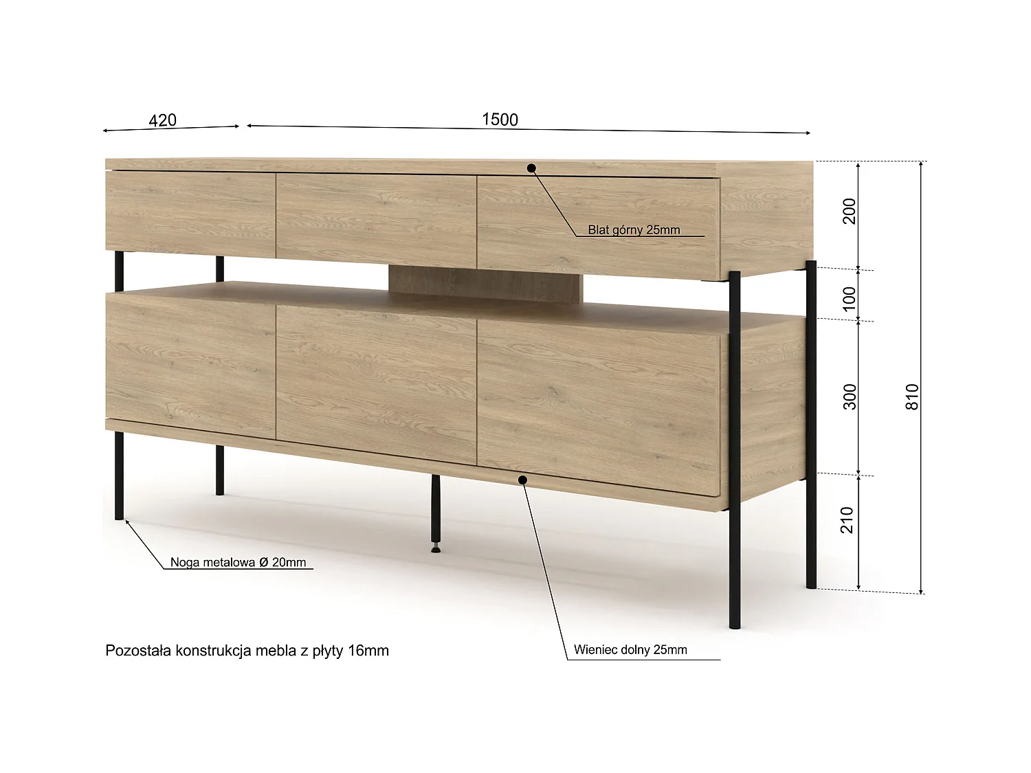 Dragonfly Dressoir 3D3S – Eik Cremona, moderne commode met metalen poten en push-to-open-systeem