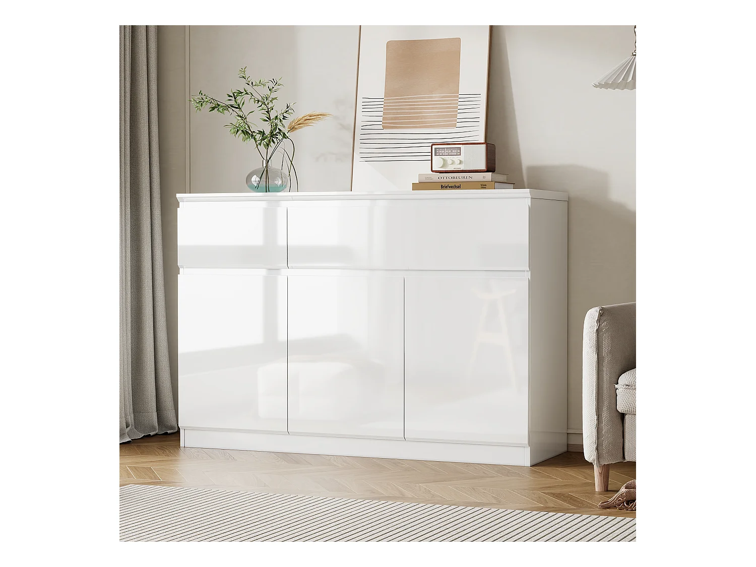 Buffet de Salon avec 3 Portes et 2 Tiroirs, Rangement de Chambre sans Poignée, 120 x 40 x 83, Blanc Brillant