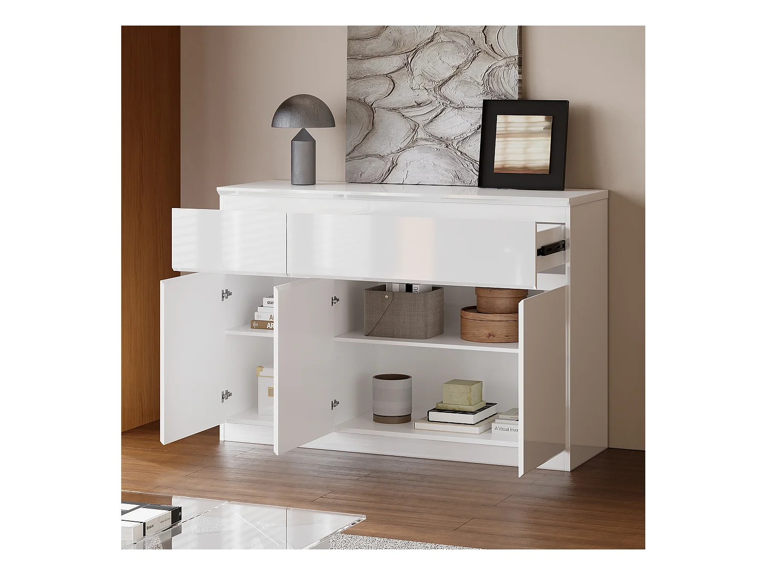 Buffet de Salon avec 3 Portes et 2 Tiroirs, Rangement de Chambre sans Poignée, 120 x 40 x 83, Blanc Brillant