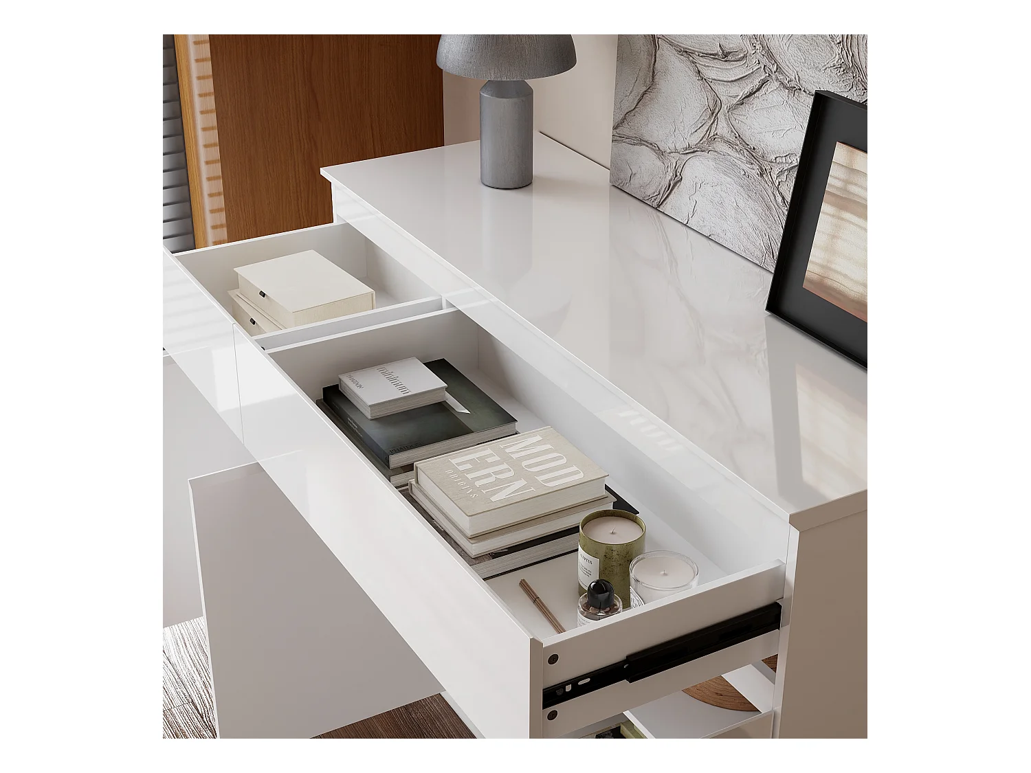 Buffet de Salon avec 3 Portes et 2 Tiroirs, Rangement de Chambre sans Poignée, 120 x 40 x 83, Blanc Brillant