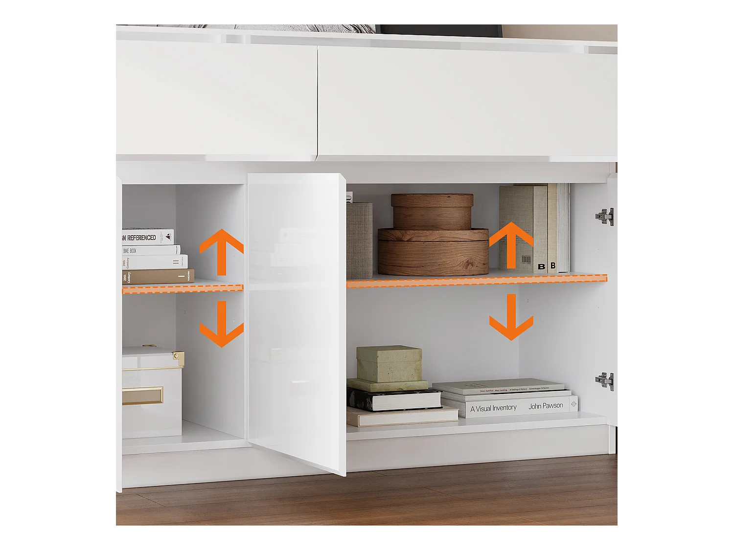 Buffet de Salon avec 3 Portes et 2 Tiroirs, Rangement de Chambre sans Poignée, 120 x 40 x 83, Blanc Brillant