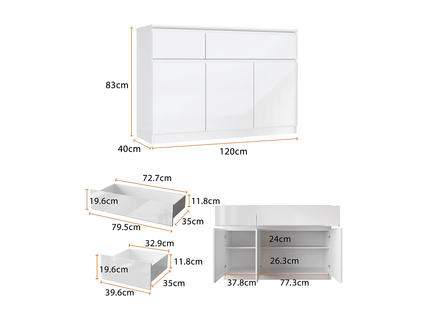 Buffet de Salon avec 3 Portes et 2 Tiroirs, Rangement de Chambre sans Poignée, 120 x 40 x 83, Blanc Brillant