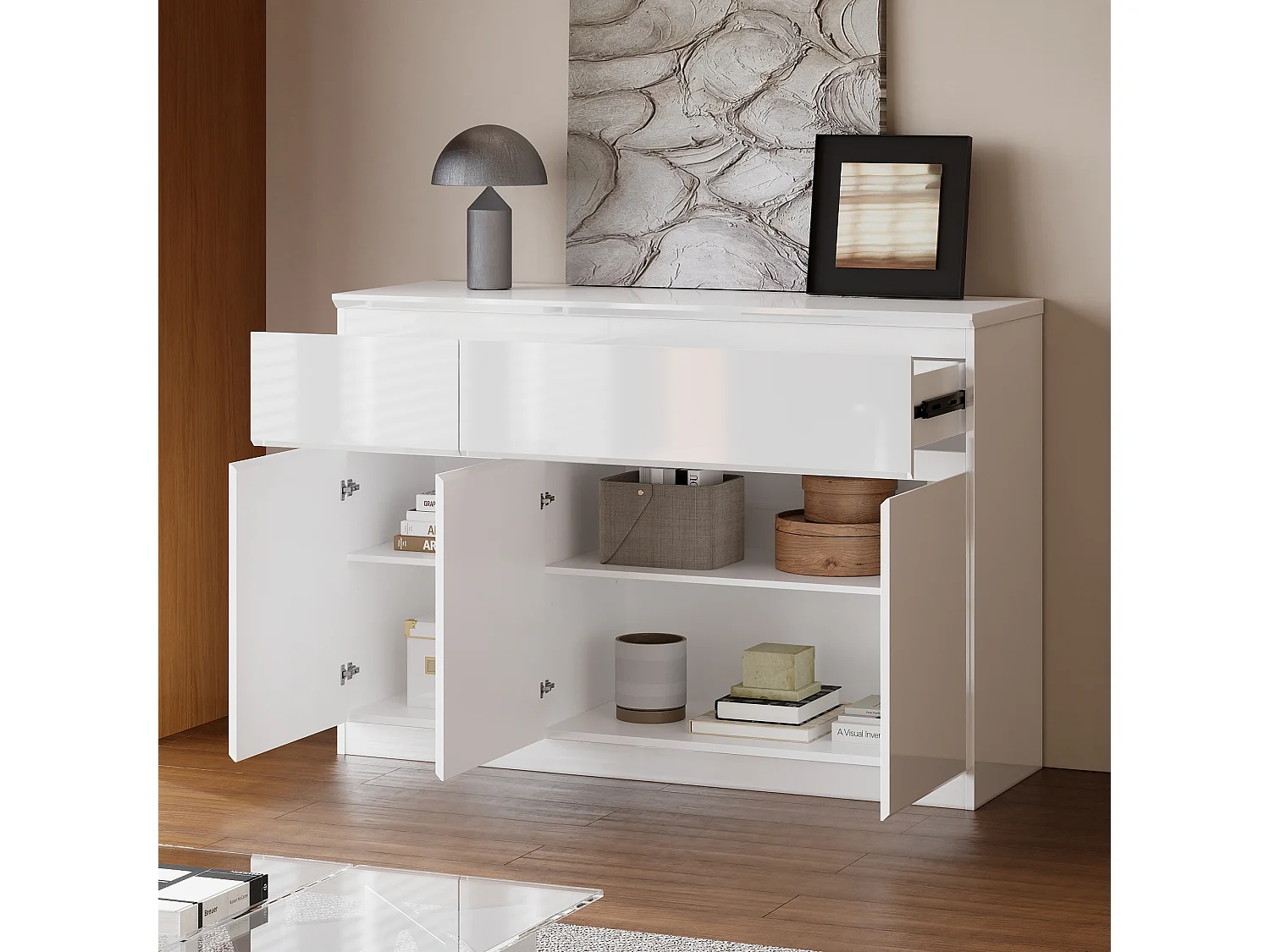 Buffet de Salon avec 3 Portes et 2 Tiroirs, Rangement de Chambre sans Poignée, 120 x 40 x 83, Blanc Brillant