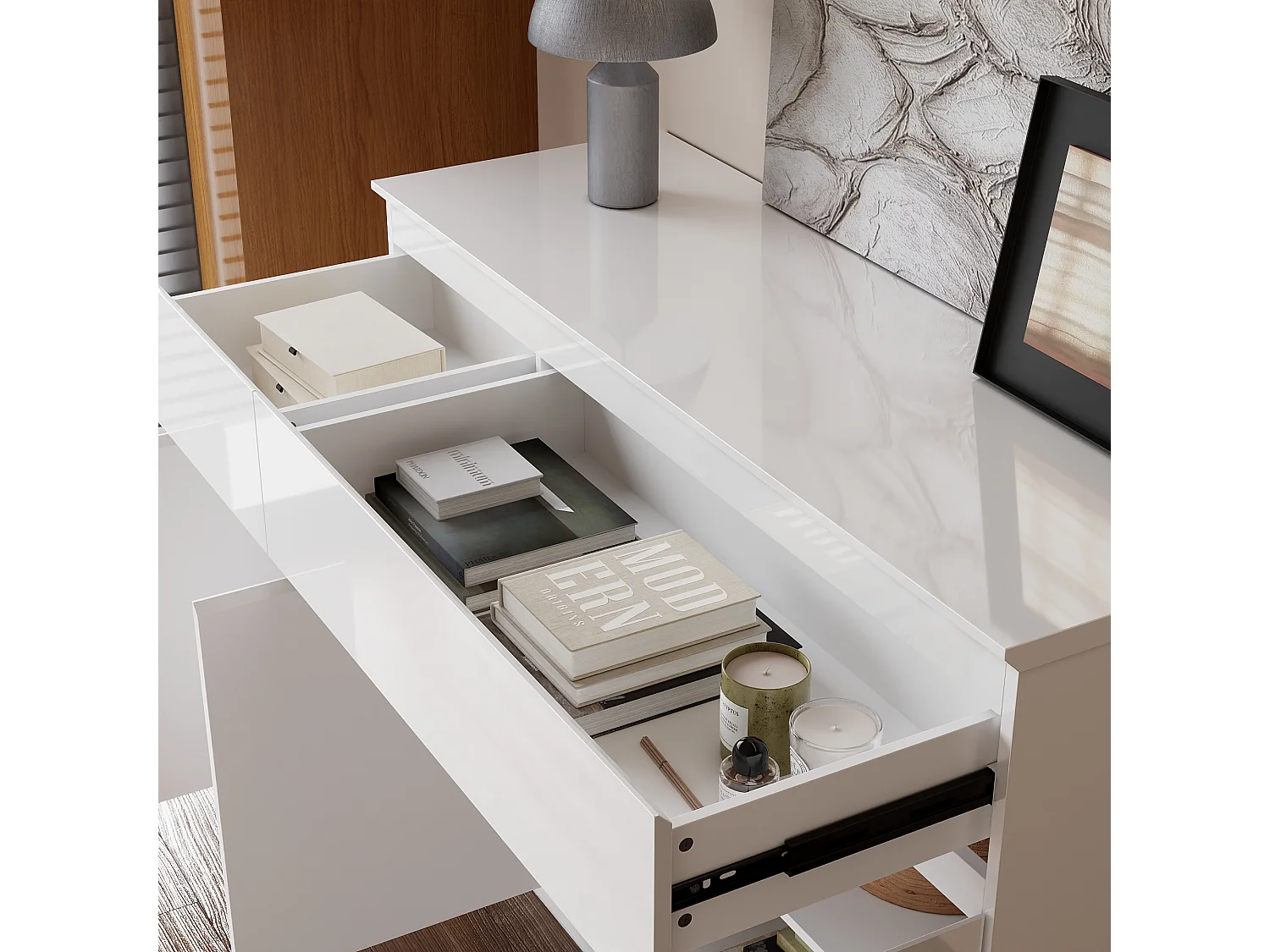 Buffet de Salon avec 3 Portes et 2 Tiroirs, Rangement de Chambre sans Poignée, 120 x 40 x 83, Blanc Brillant