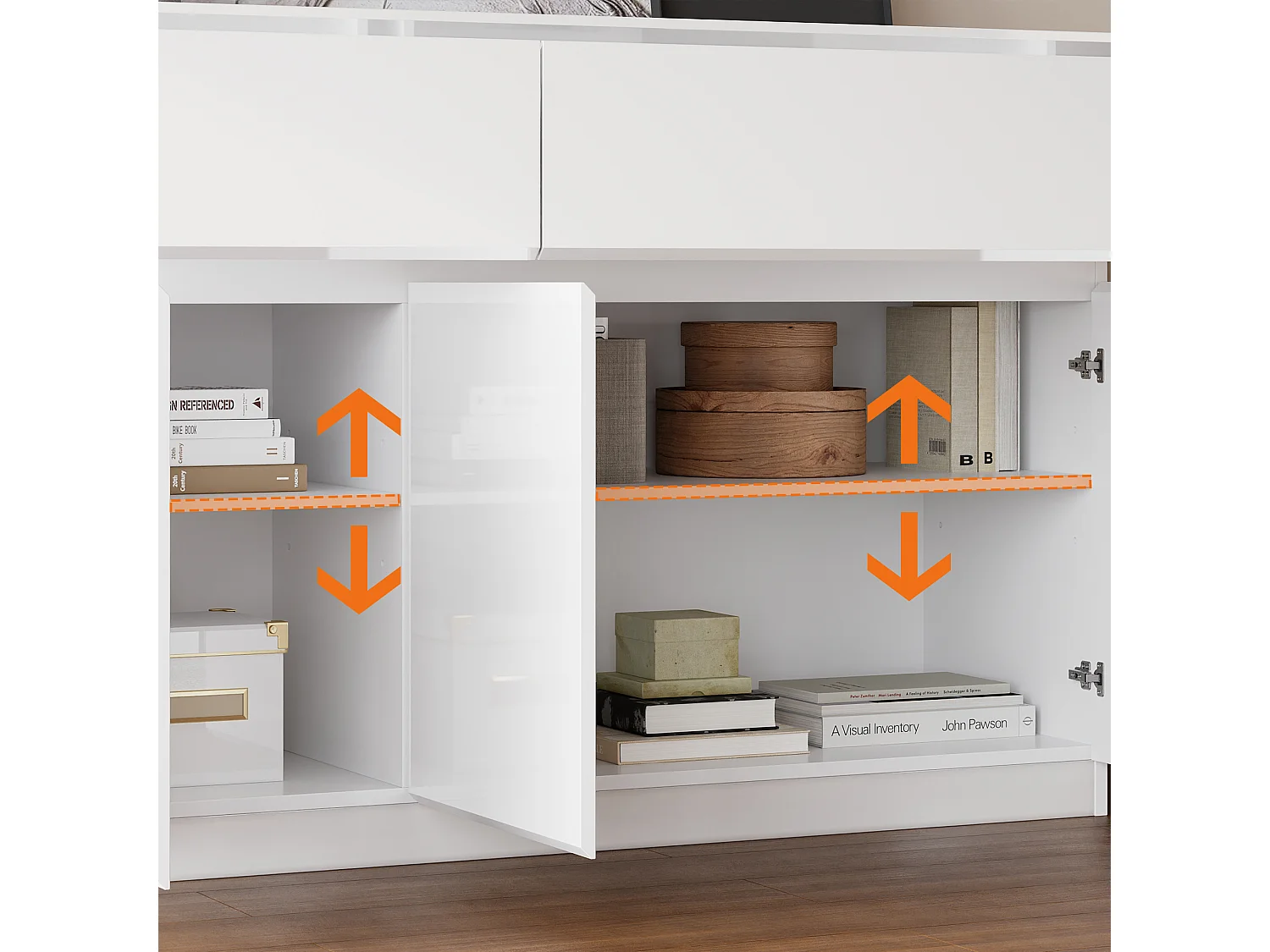 Buffet de Salon avec 3 Portes et 2 Tiroirs, Rangement de Chambre sans Poignée, 120 x 40 x 83, Blanc Brillant