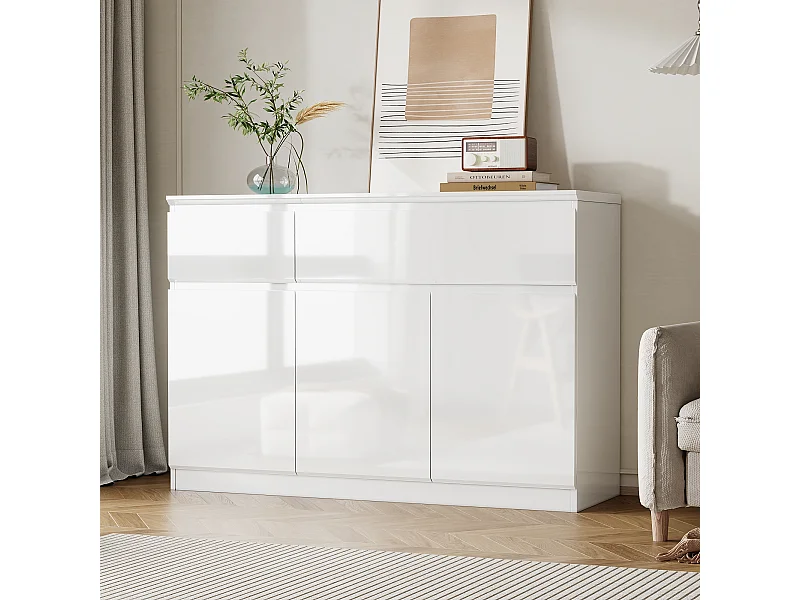 Buffet de Salon avec 3 Portes et 2 Tiroirs, Rangement de Chambre sans Poignée, 120 x 40 x 83, Blanc Brillant