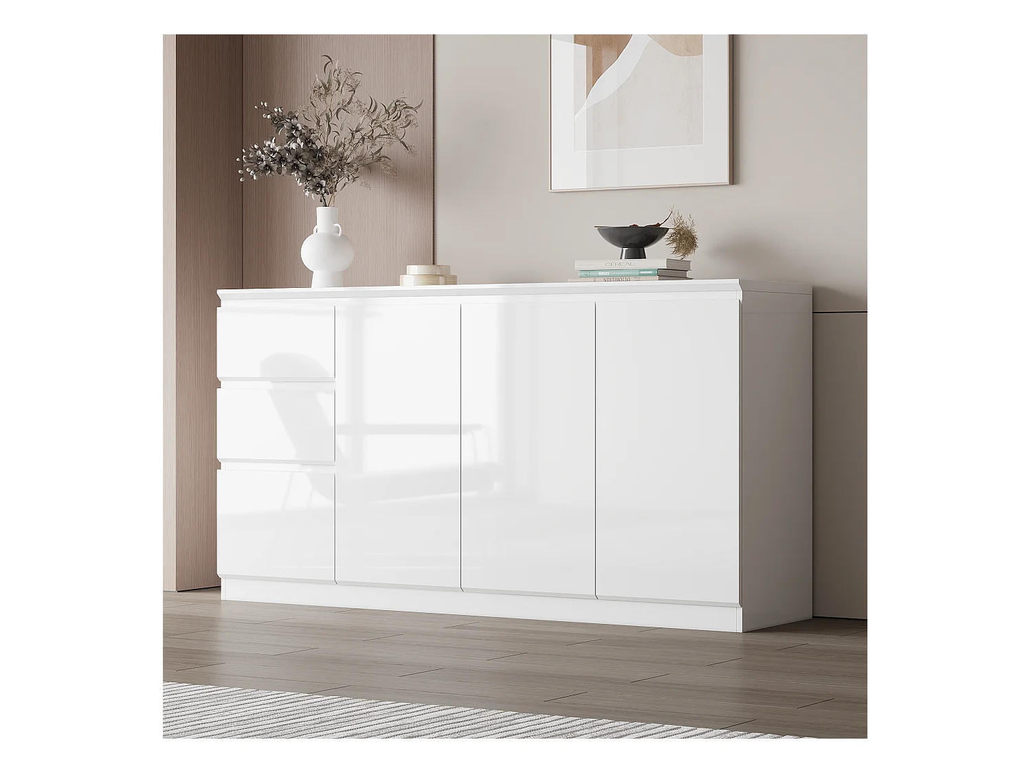 Grand Buffet de Salon avec 3 Portes et 3 Tiroirs, Rangement de Chambre sans Poignée, 155 x 40 x 83, Blanc Brillant
