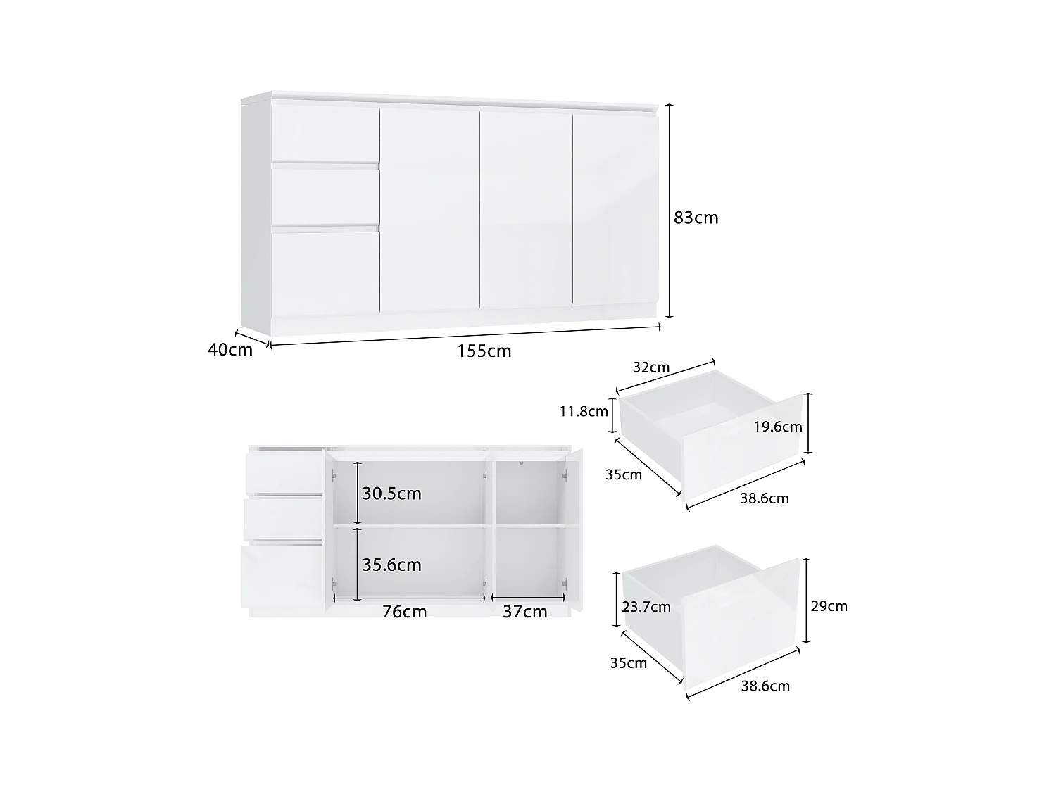 Grand Buffet de Salon avec 3 Portes et 3 Tiroirs, Rangement de Chambre sans Poignée, 155 x 40 x 83, Blanc Brillant