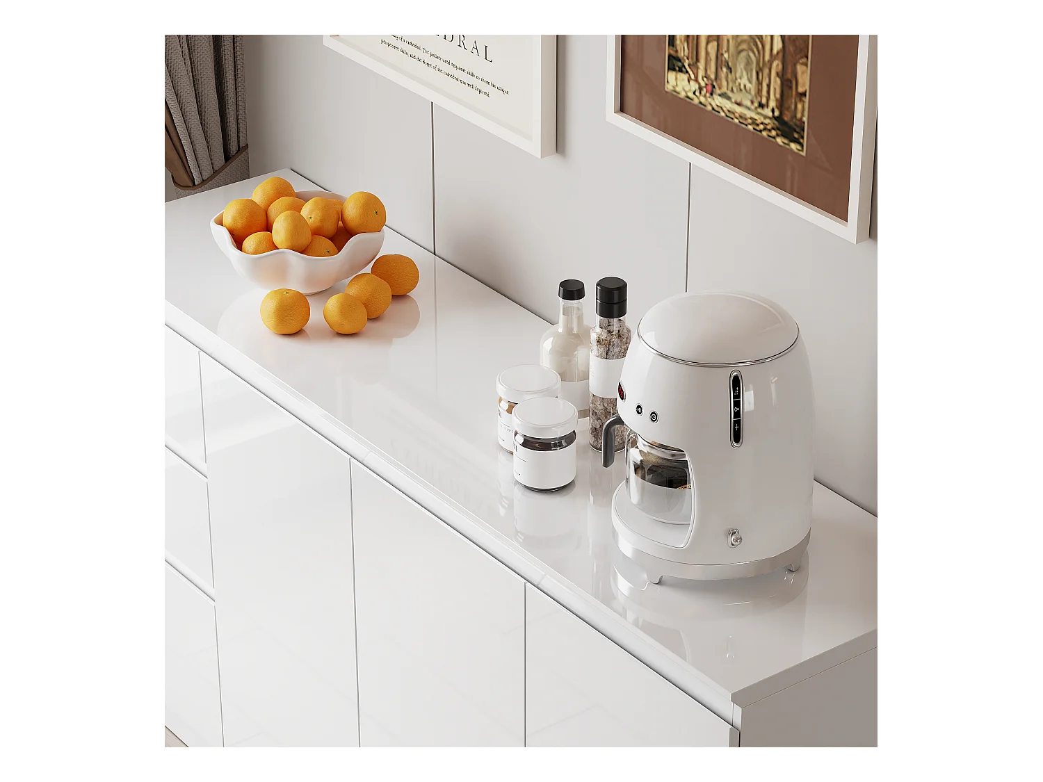 Grand Buffet de Salon avec 3 Portes et 3 Tiroirs, Rangement de Chambre sans Poignée, 155 x 40 x 83, Blanc Brillant