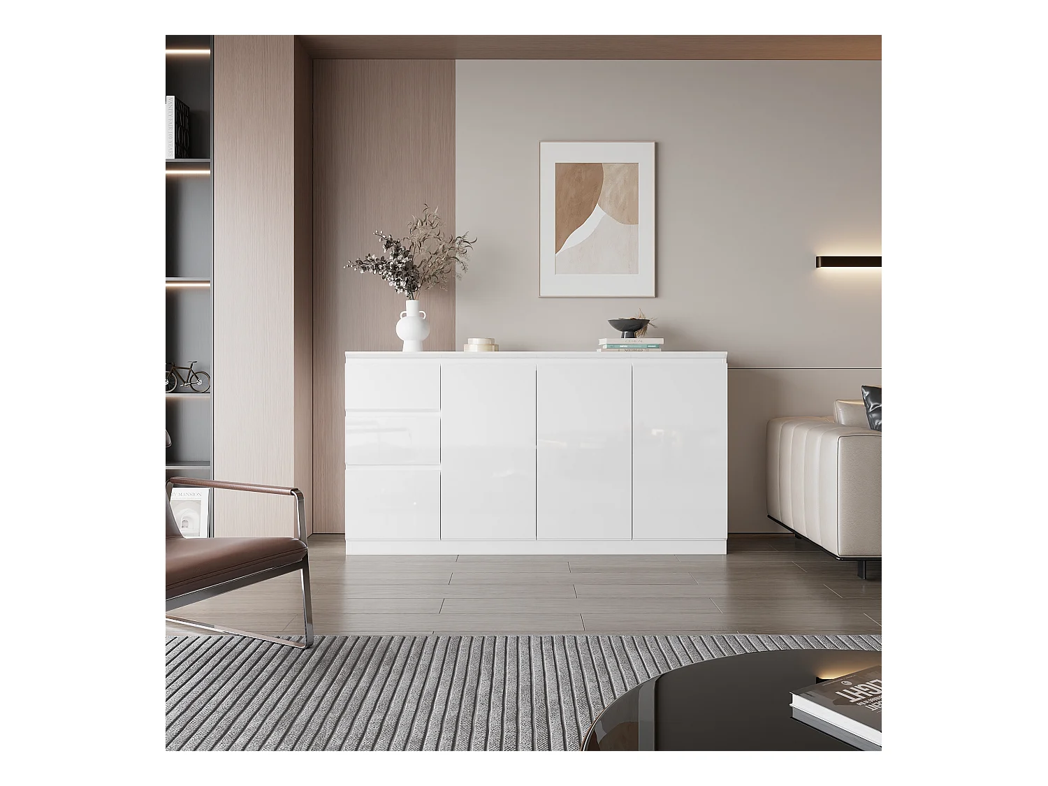 Grand Buffet de Salon avec 3 Portes et 3 Tiroirs, Rangement de Chambre sans Poignée, 155 x 40 x 83, Blanc Brillant