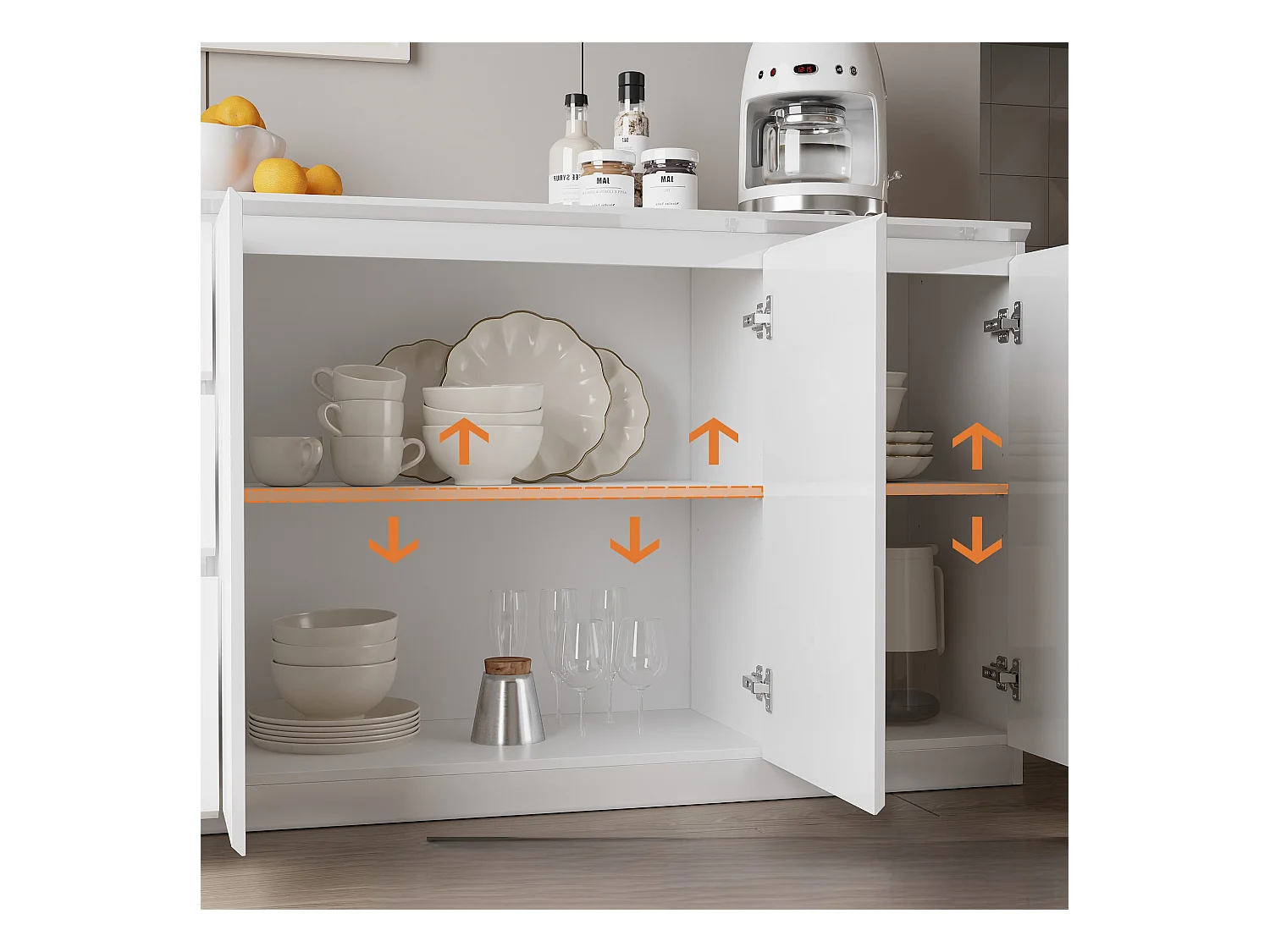 Grand Buffet de Salon avec 3 Portes et 3 Tiroirs, Rangement de Chambre sans Poignée, 155 x 40 x 83, Blanc Brillant