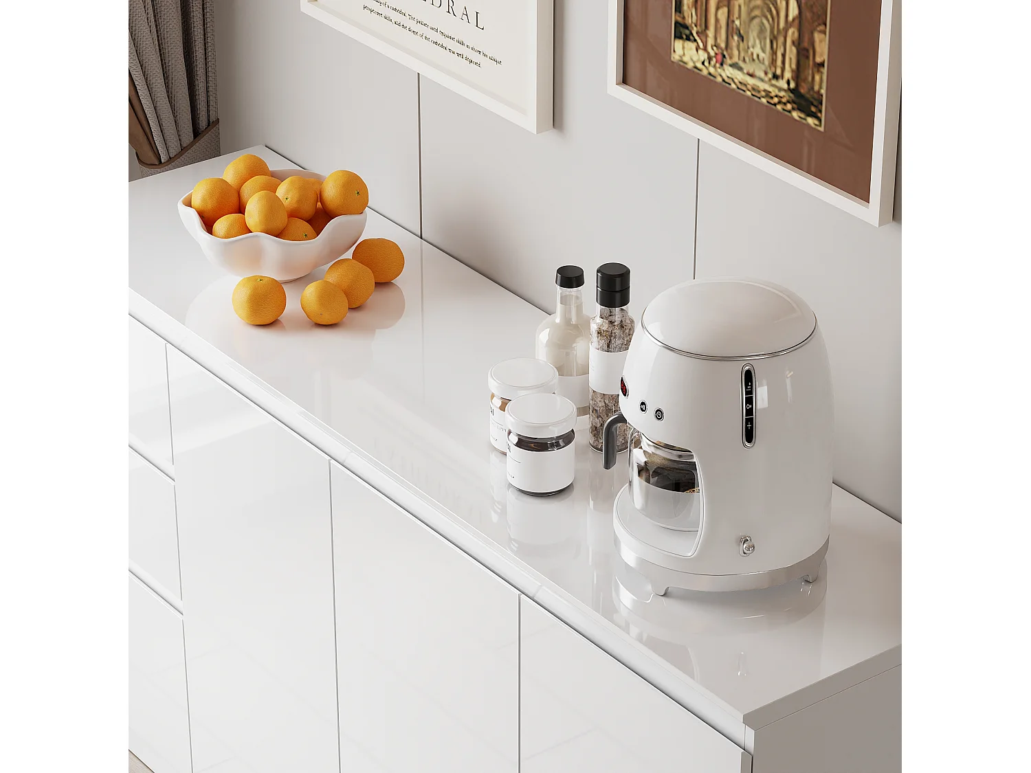 Grand Buffet de Salon avec 3 Portes et 3 Tiroirs, Rangement de Chambre sans Poignée, 155 x 40 x 83, Blanc Brillant