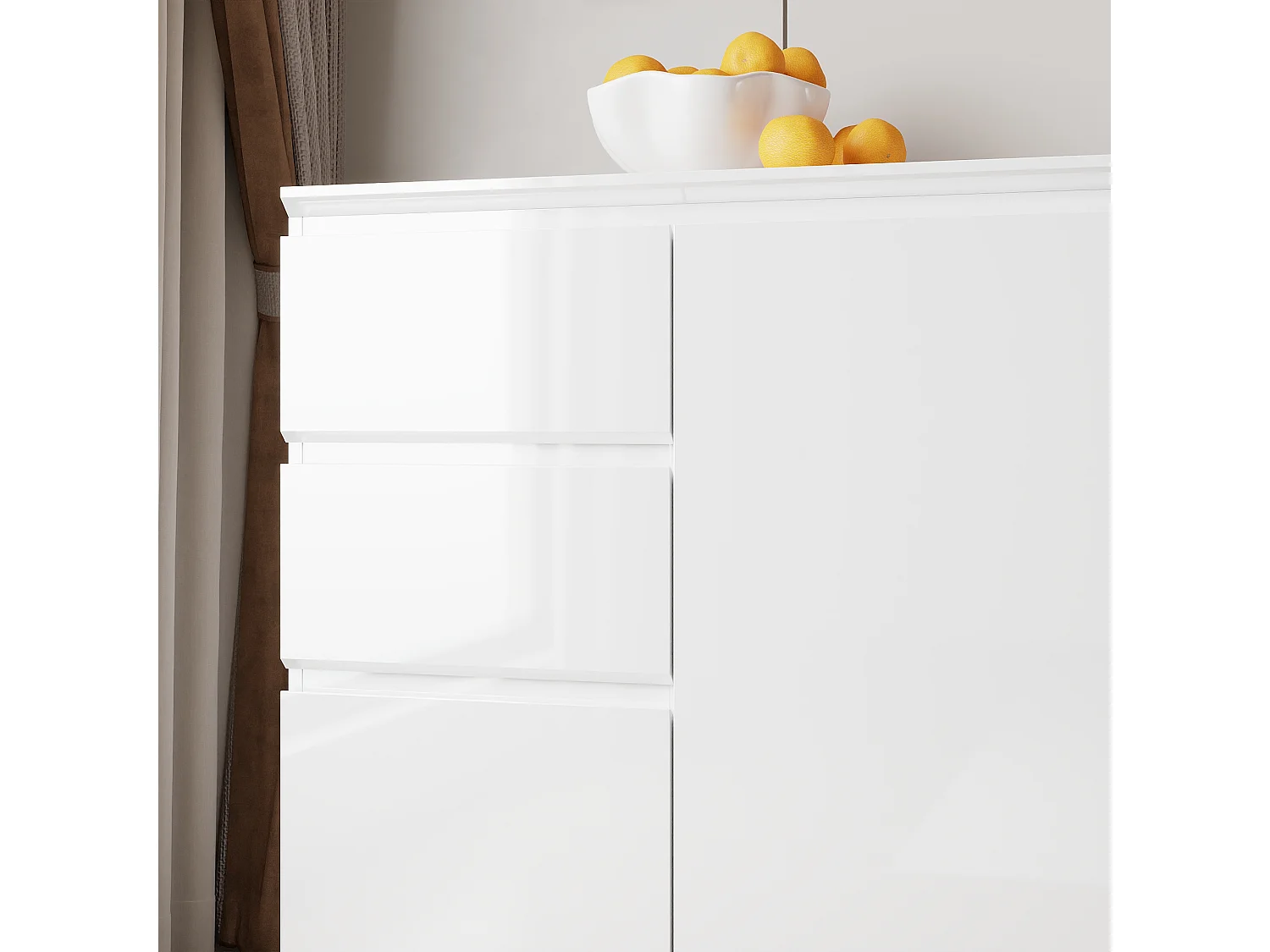 Grand Buffet de Salon avec 3 Portes et 3 Tiroirs, Rangement de Chambre sans Poignée, 155 x 40 x 83, Blanc Brillant