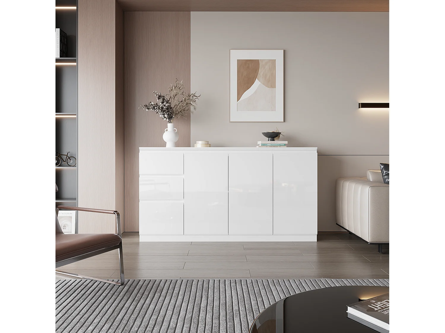 Grand Buffet de Salon avec 3 Portes et 3 Tiroirs, Rangement de Chambre sans Poignée, 155 x 40 x 83, Blanc Brillant